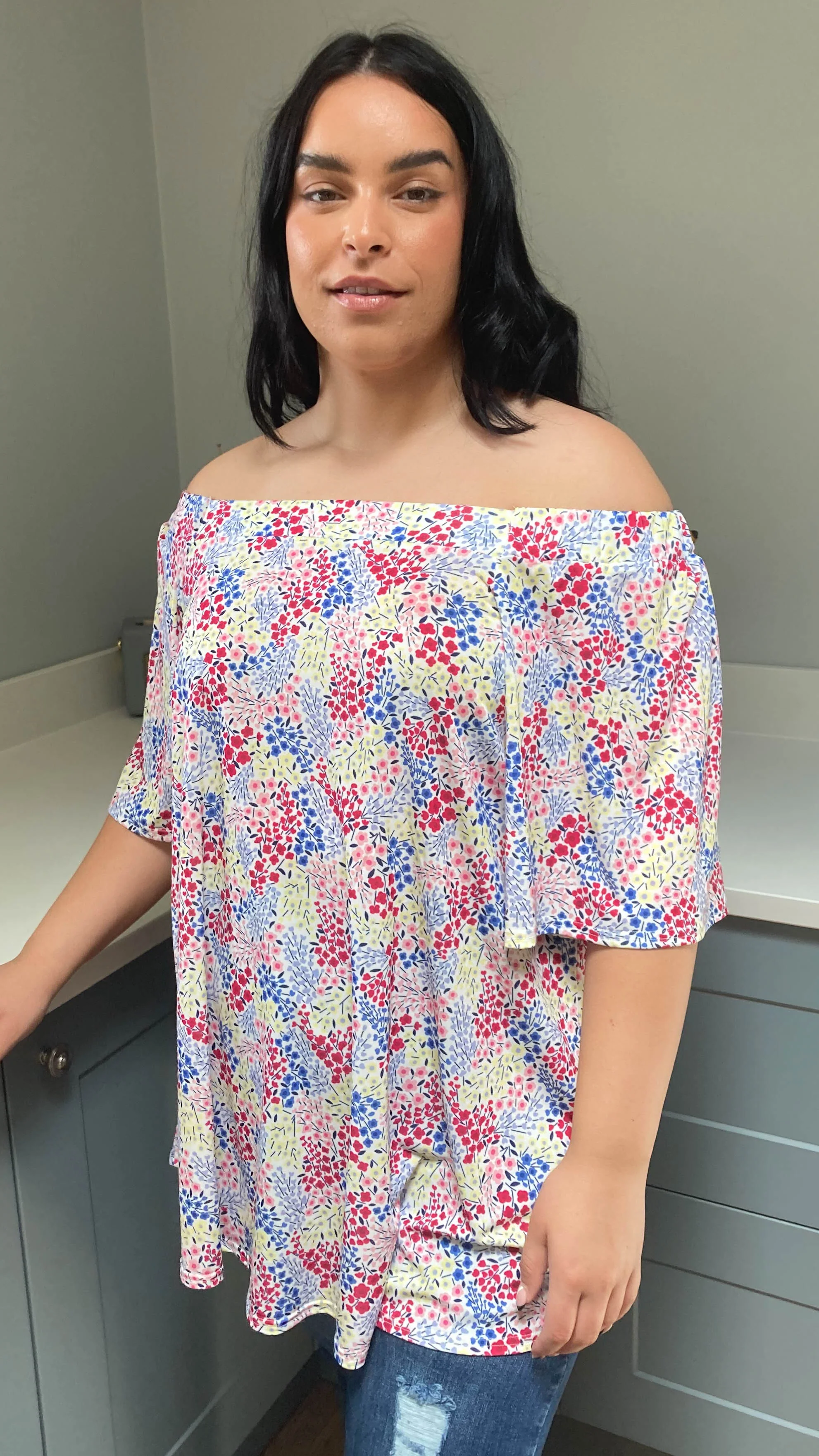 CurveWow Bardot Top White Ditsy Floral - Image 3