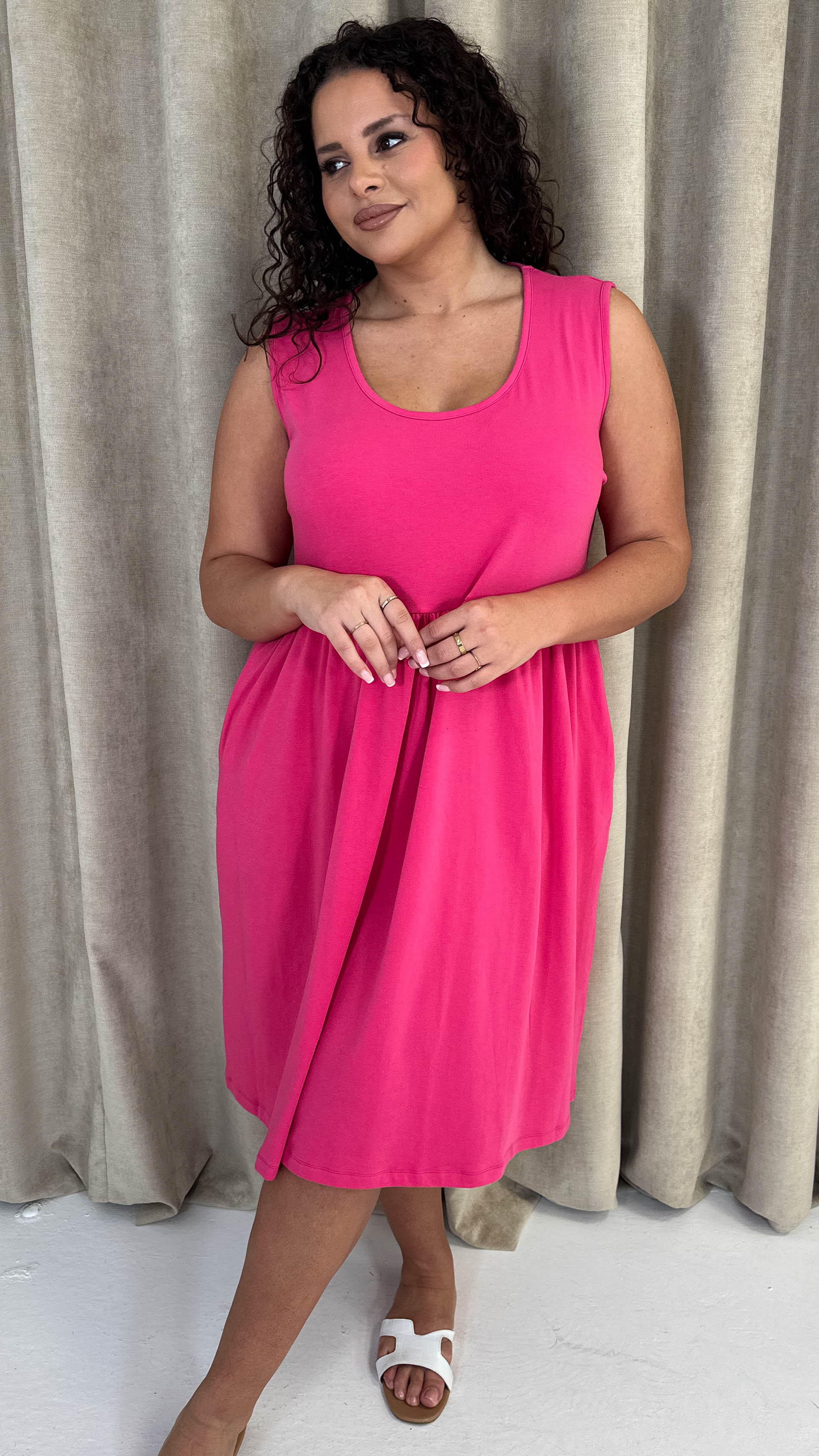 CurveWow Basic Sleeveless Pocket Dress Pink - Image 6