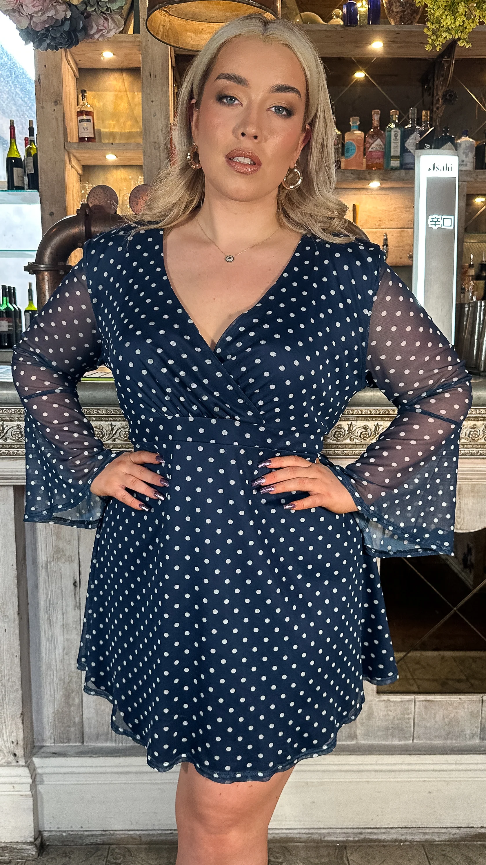 CurveWow Bell Sleeve Wrap Mesh Mini Dress Navy Polka - Image 4