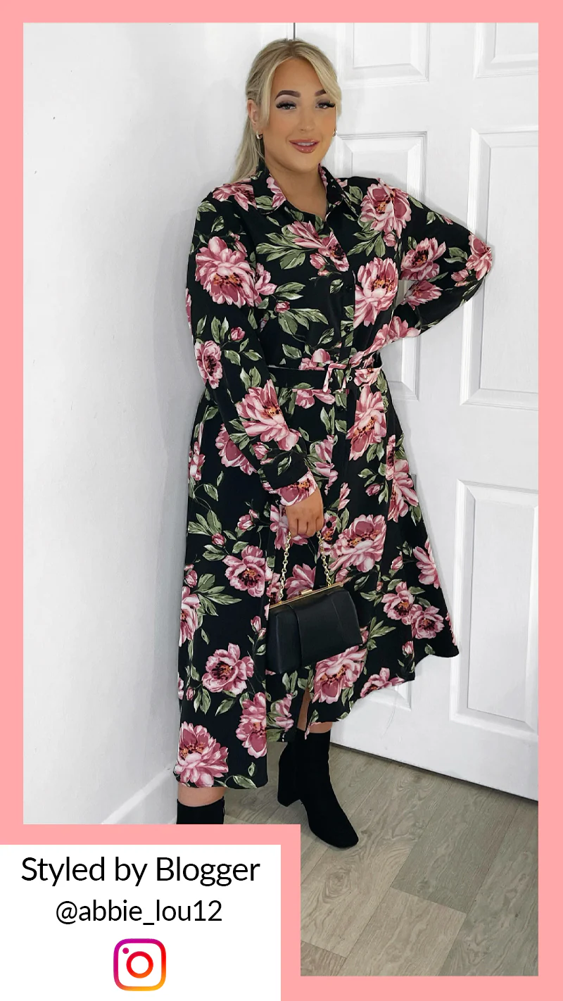 CurveWow Belted Shirt Dress Black Floral - Image 2