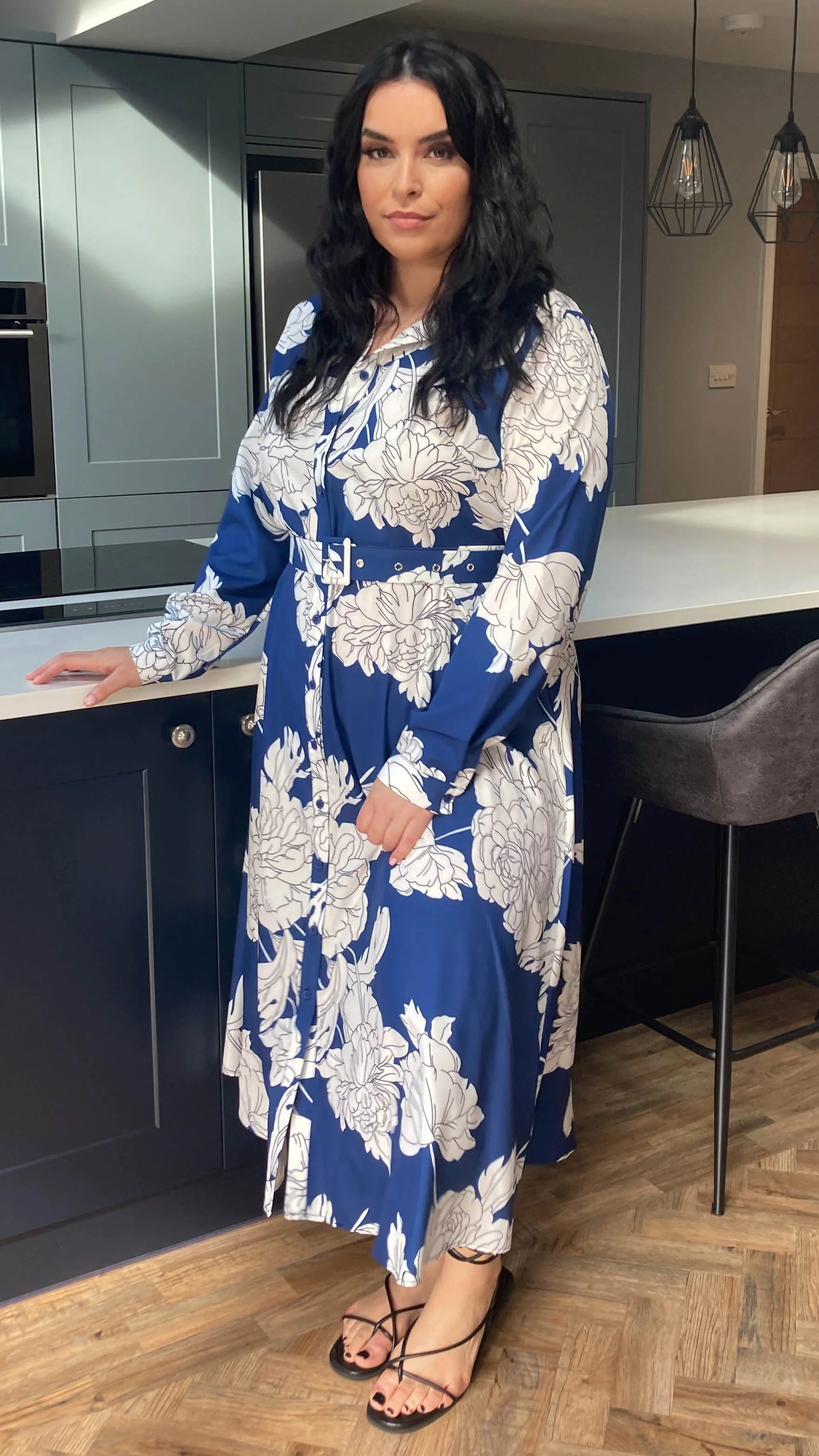 CurveWow Belted Shirt Dress Navy Floral - Image 6
