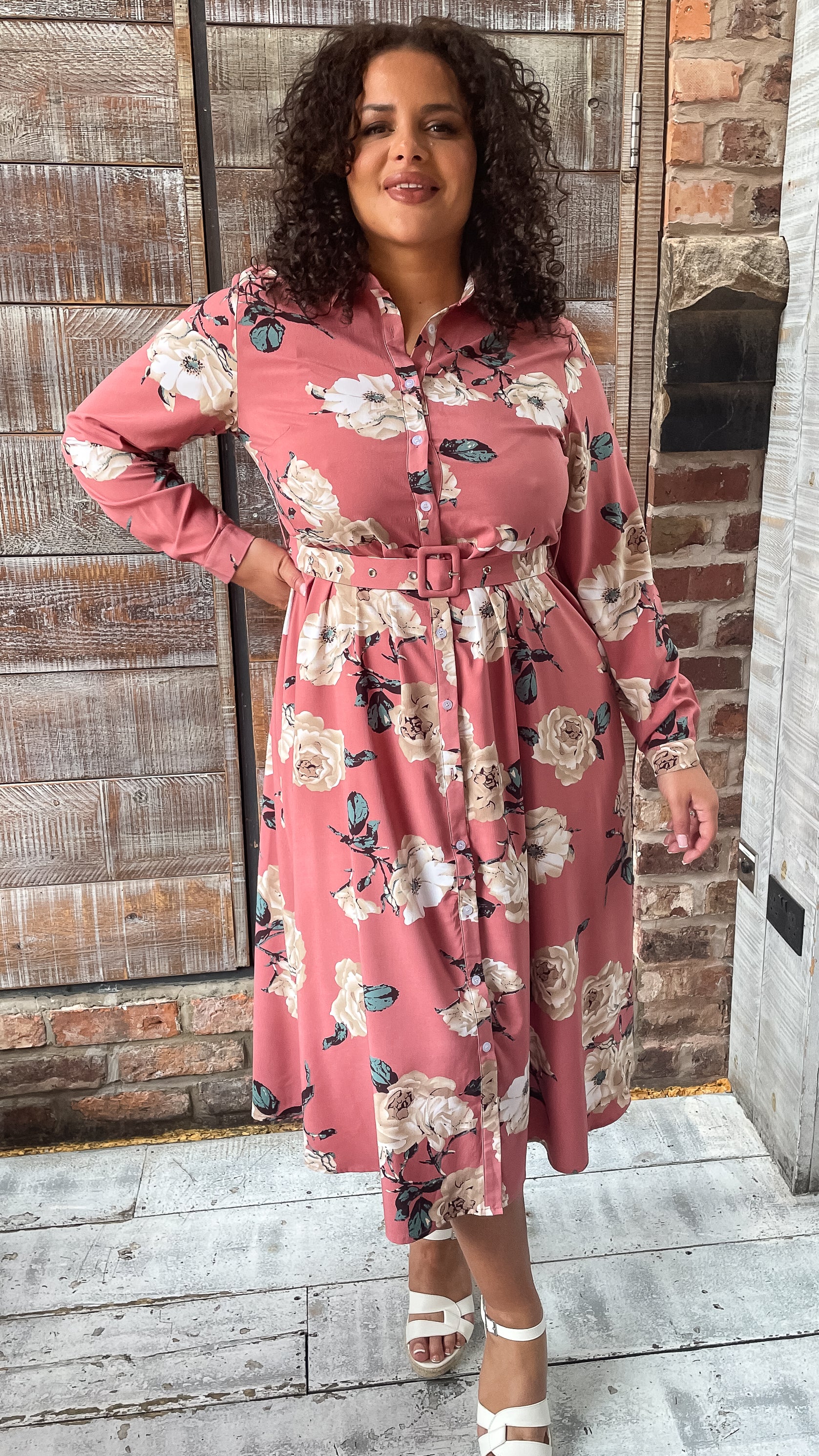 CurveWow Belted Shirt Dress Pink Floral