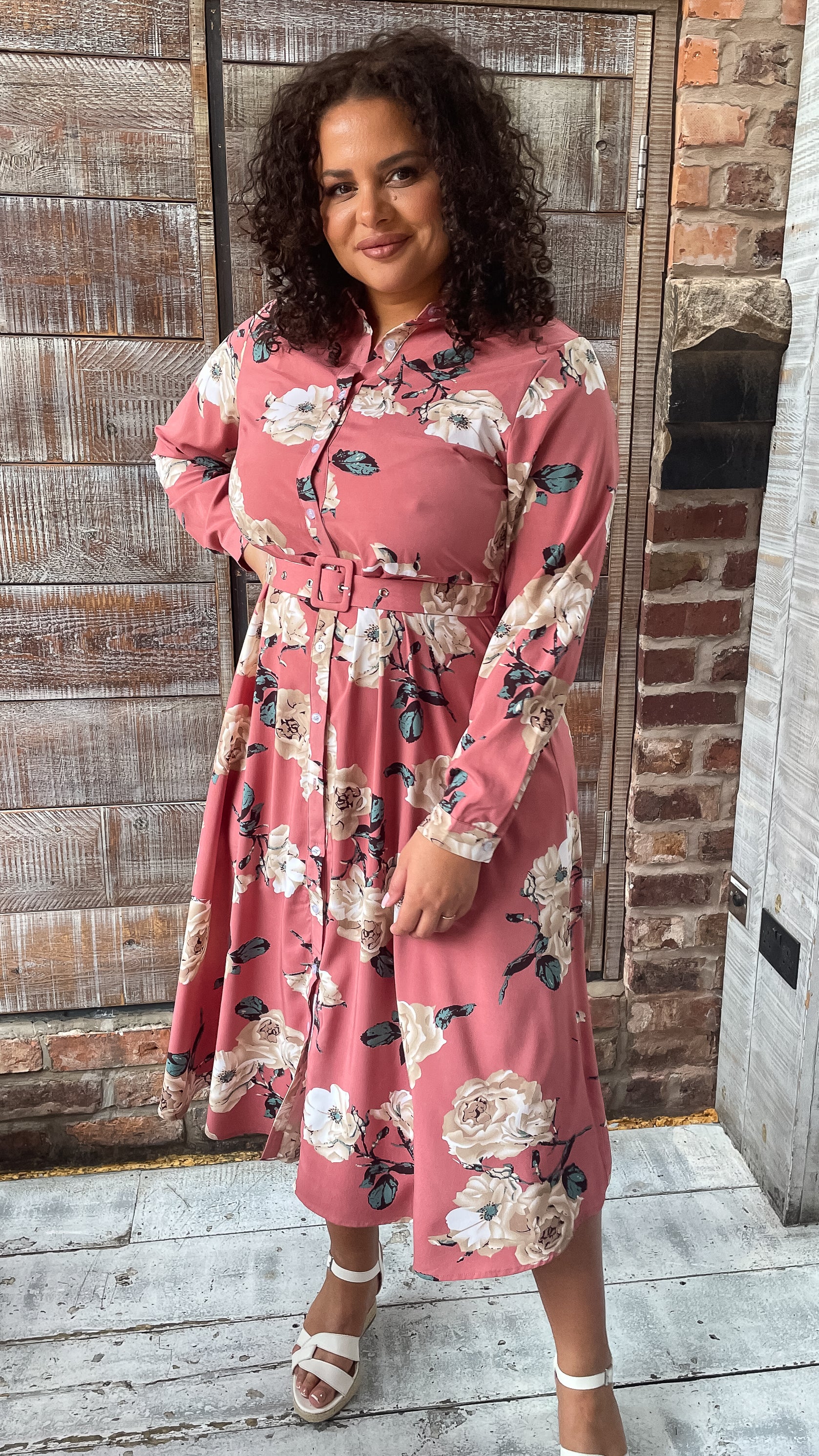 CurveWow Belted Shirt Dress Pink Floral - Image 3