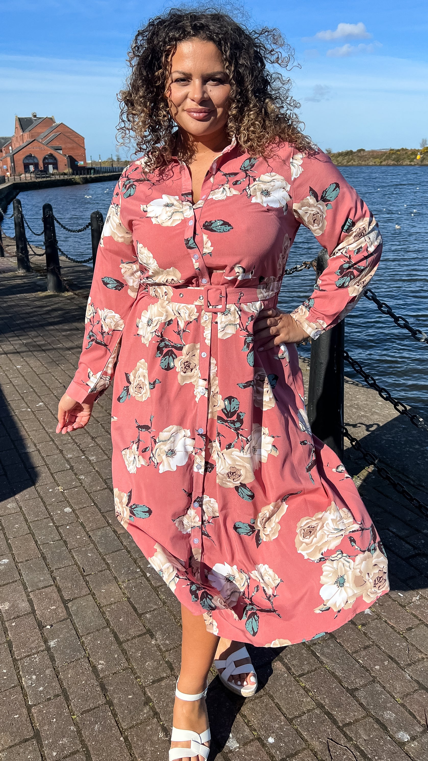 CurveWow Belted Shirt Dress Pink Floral - Image 4