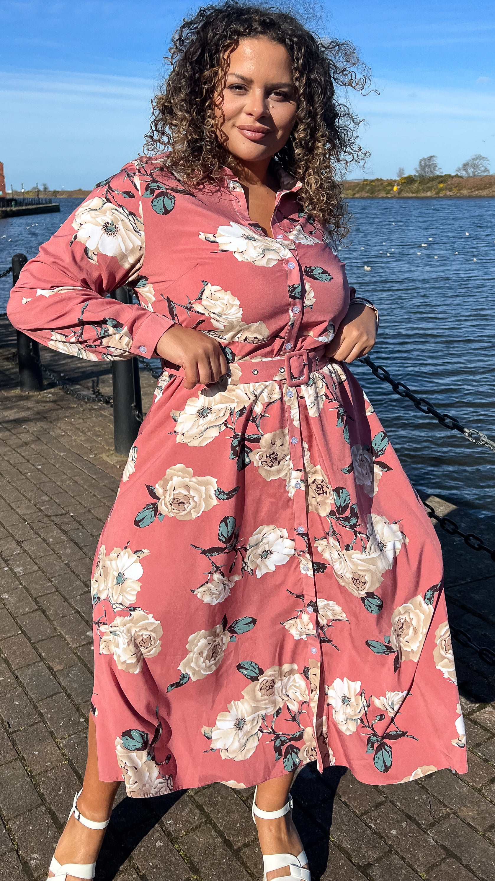 CurveWow Belted Shirt Dress Pink Floral - Image 5