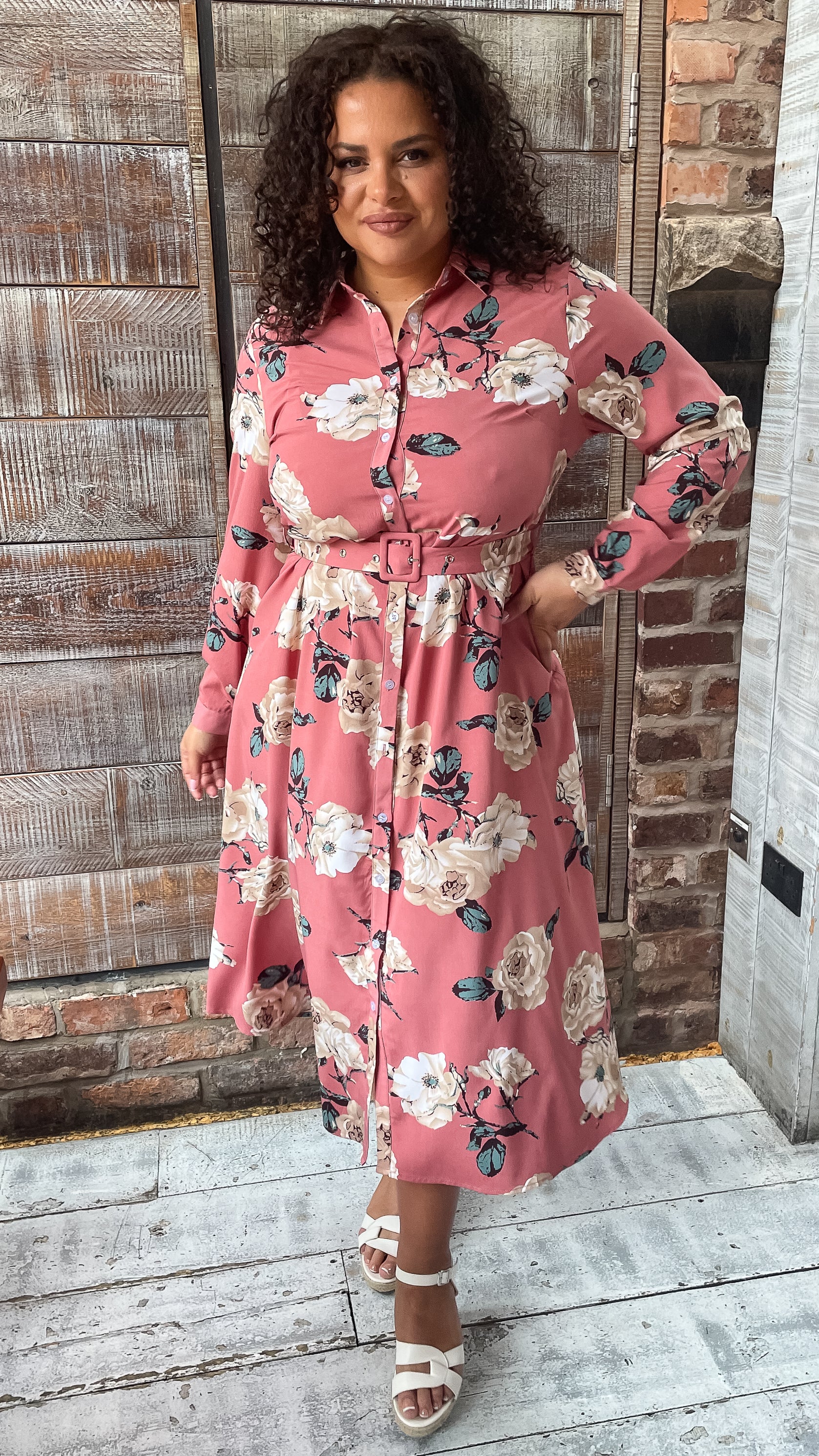 CurveWow Belted Shirt Dress Pink Floral - Image 6