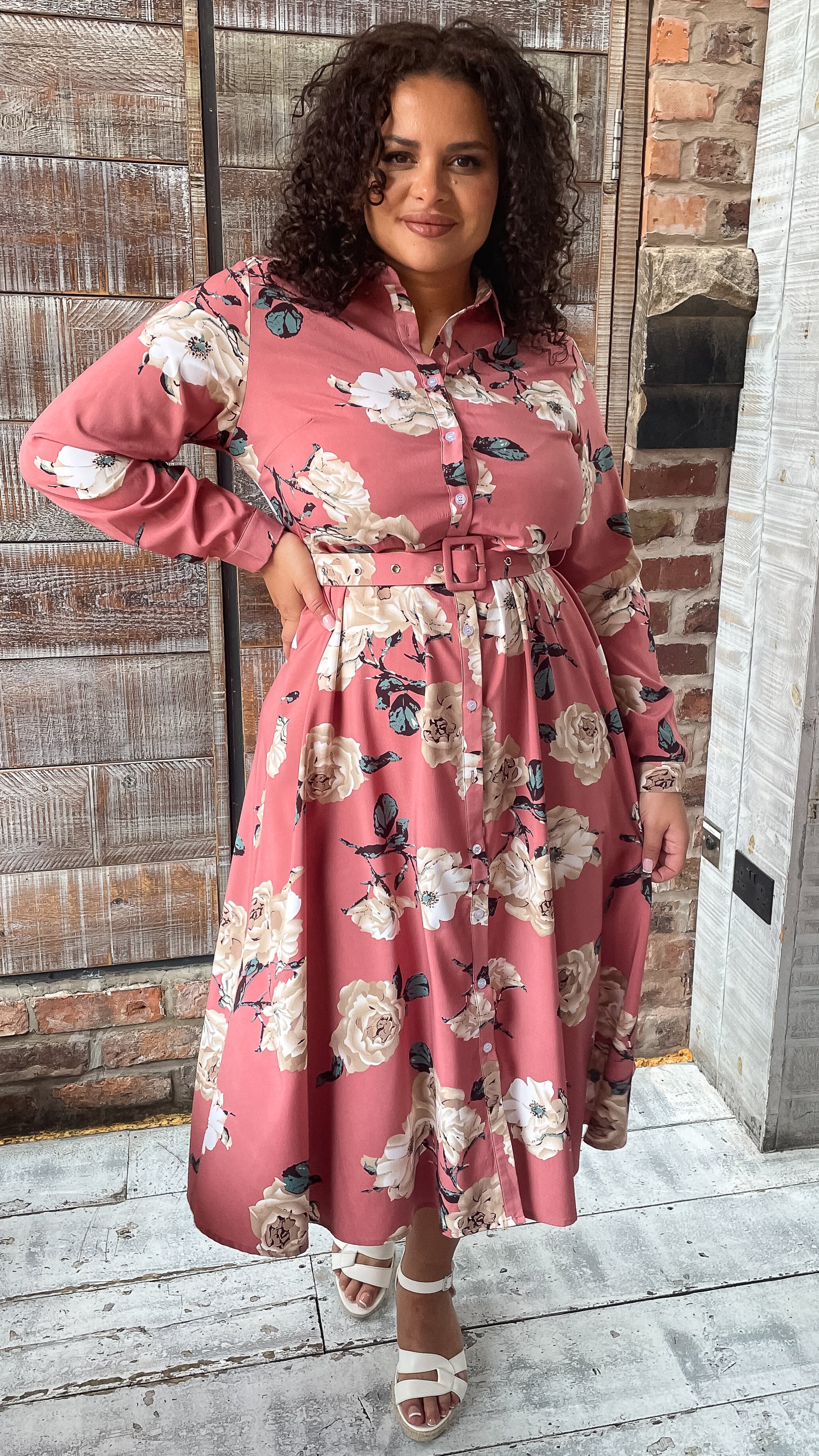 CurveWow Belted Shirt Dress Pink Floral - Image 7