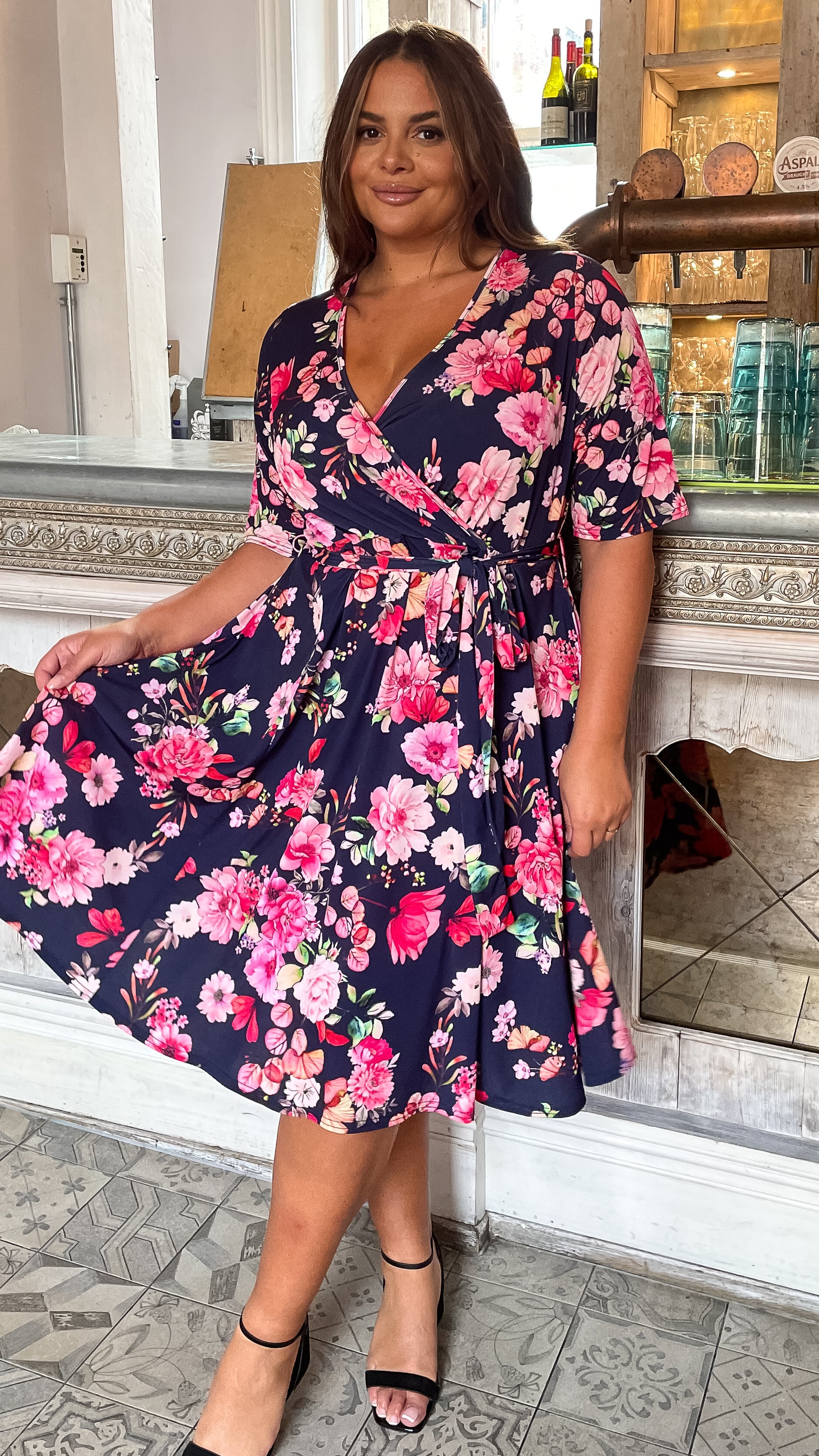 CurveWow Belted Wrap Dress Navy Floral - Image 4