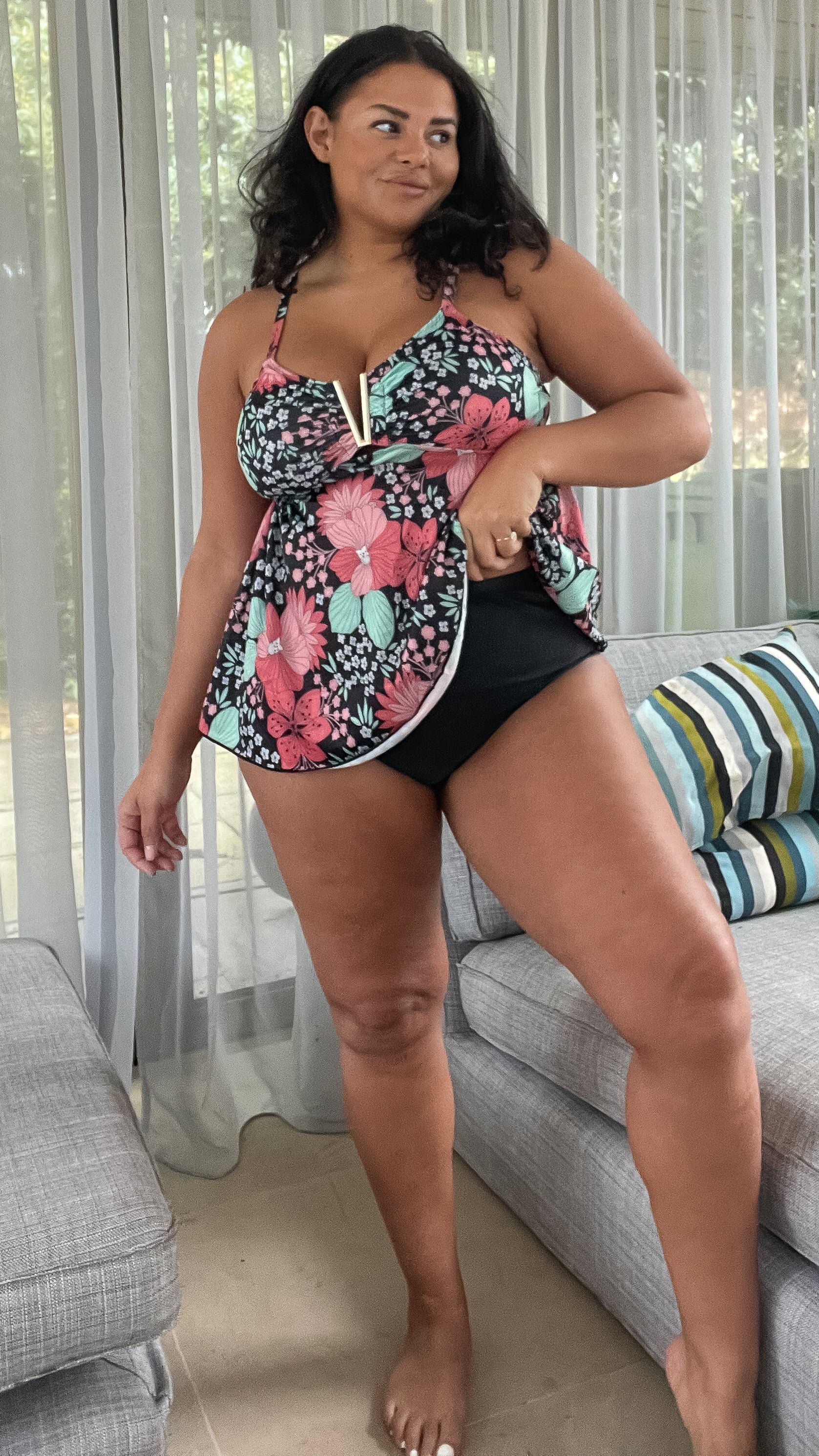 CurveWow Black Multi Floral Print Tankini Top - Image 7