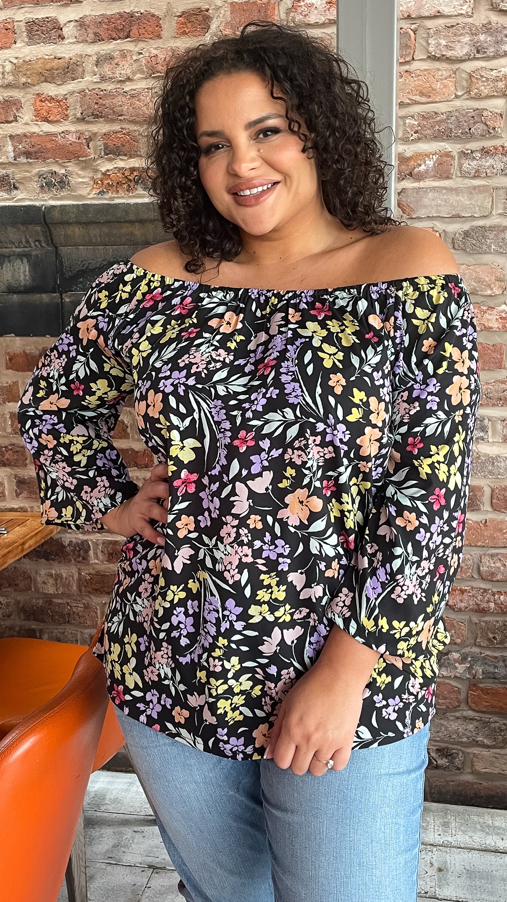 CurveWow Multi Floral Bardot Top Black - Image 7
