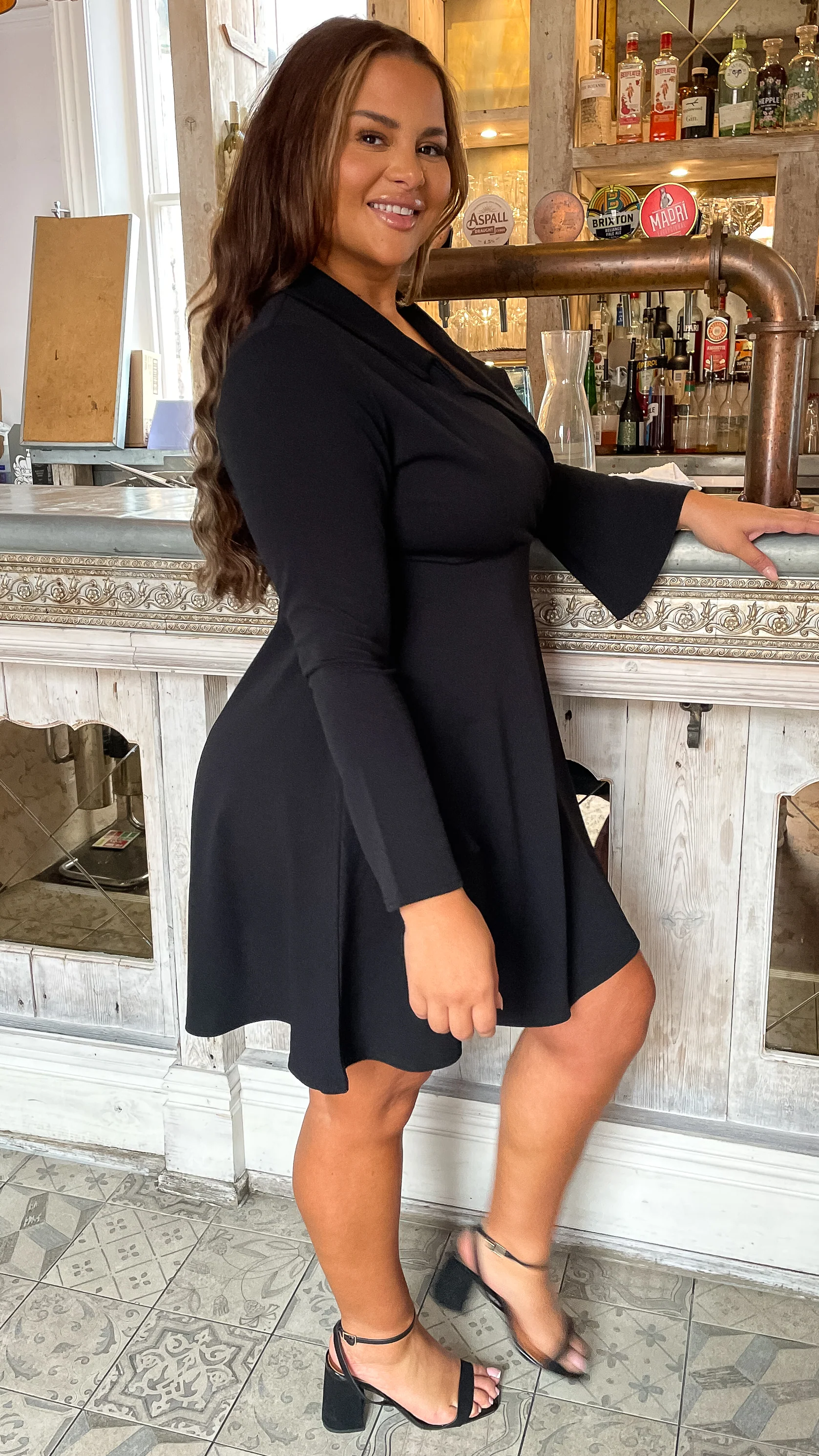 CurveWow Blazer Collar Skater Dress Black - Image 3