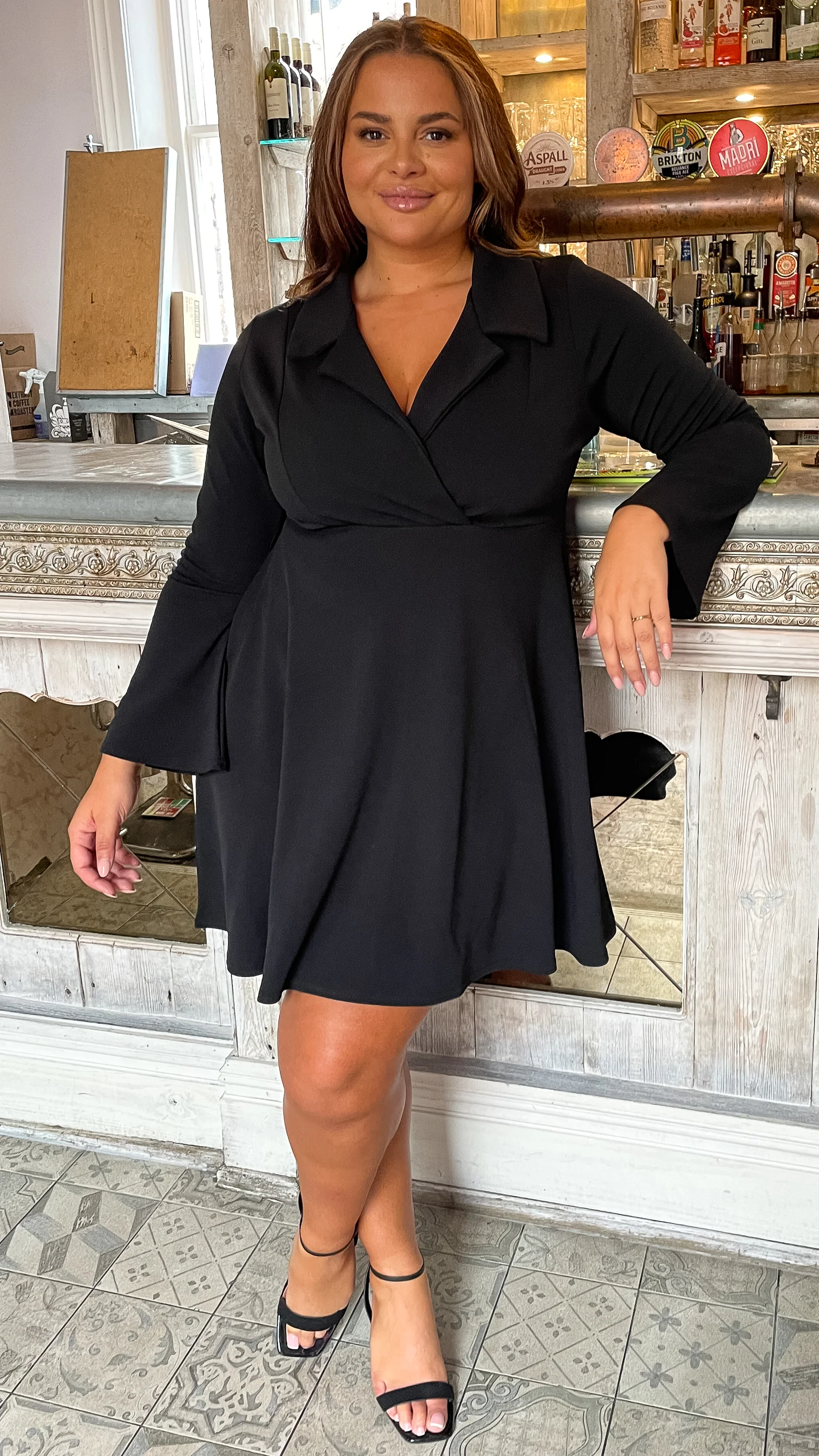 CurveWow Blazer Collar Skater Dress Black - Image 4