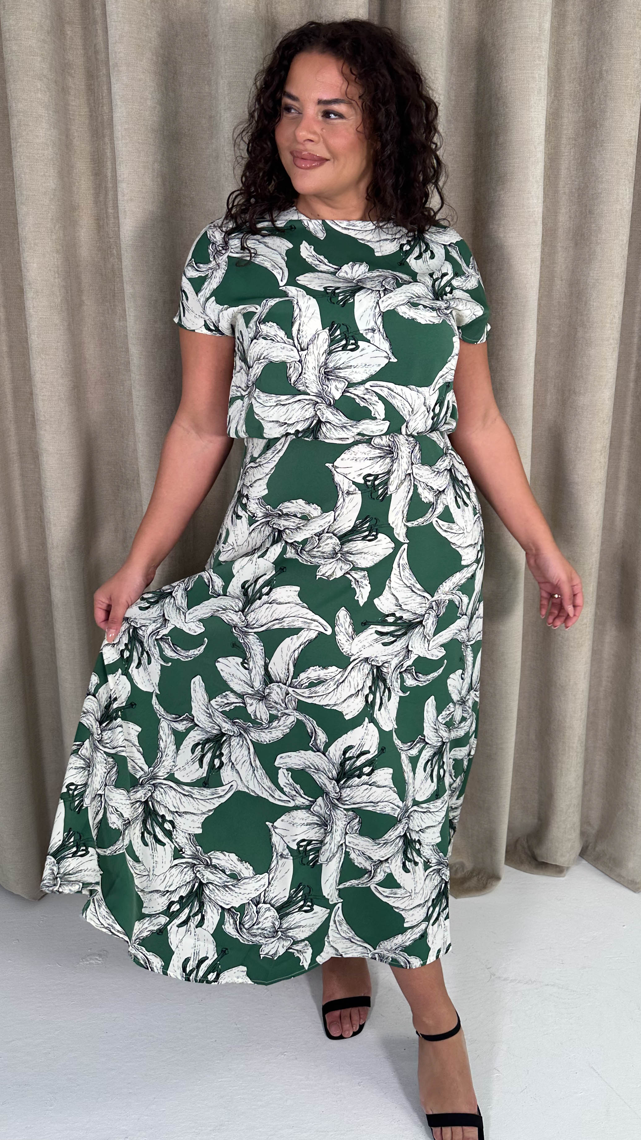 CurveWow Blouson Top Midaxi Dress Green Lily