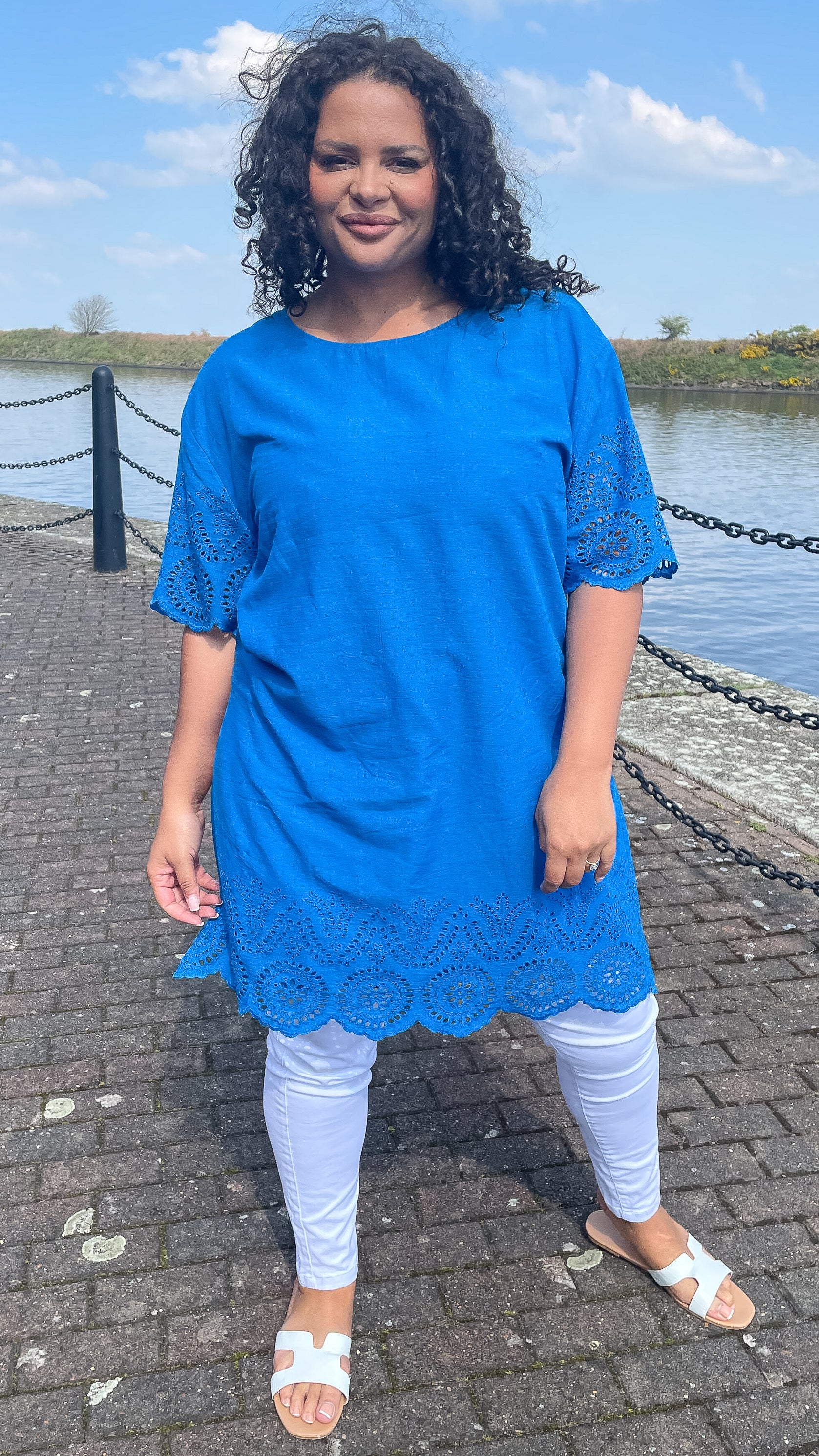 CurveWow Blue Broderie Side Split Tunic