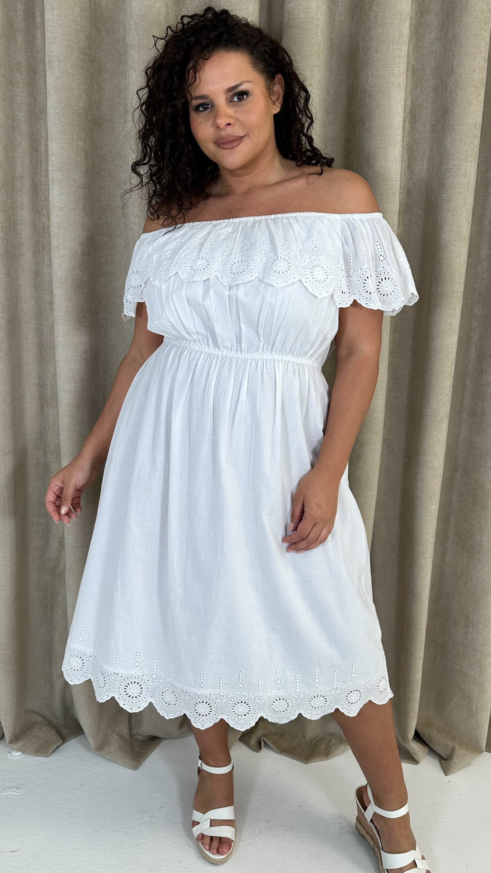 CurveWow Broderie Bardot Midi Dress White - Image 3