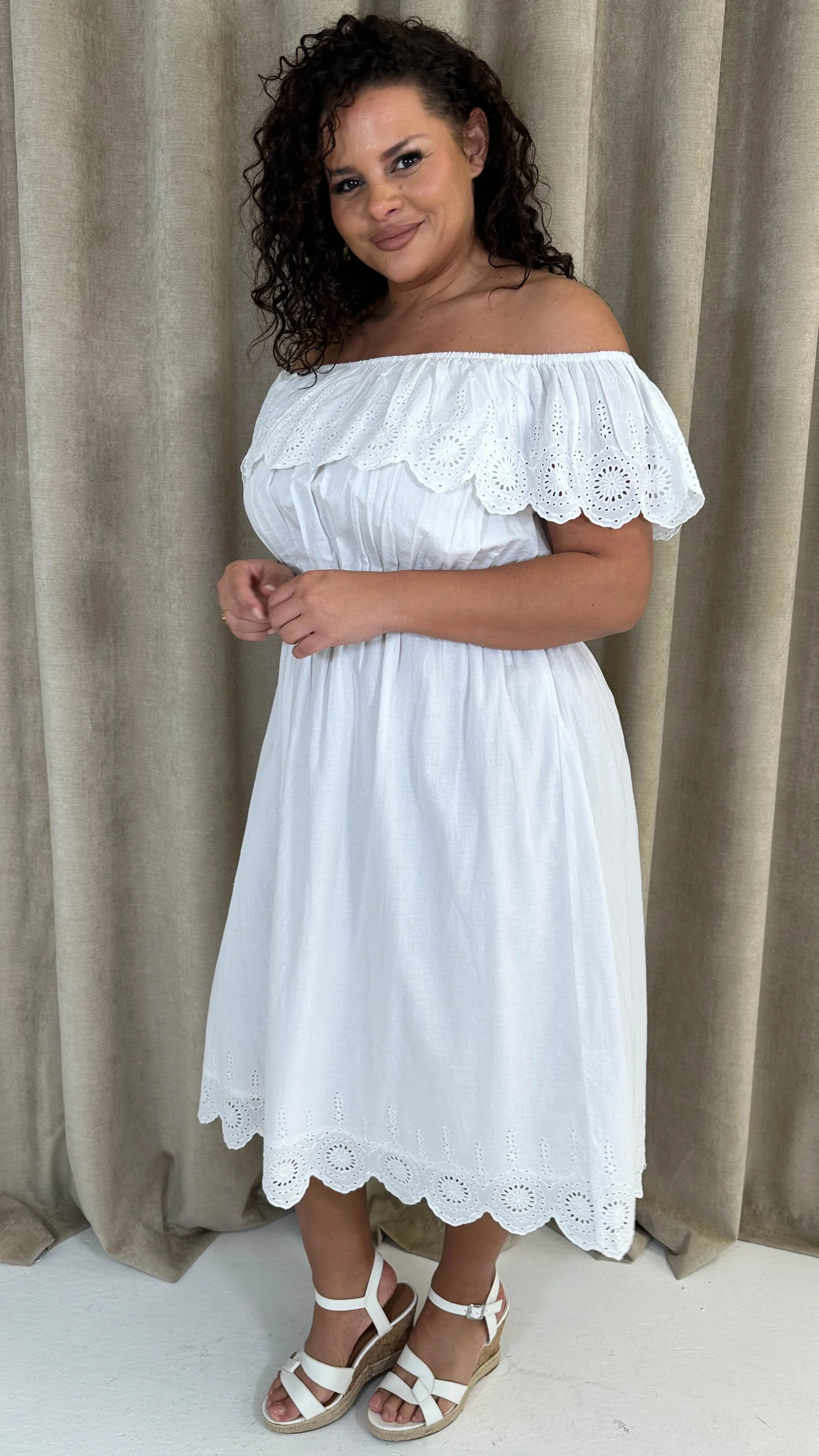 CurveWow Broderie Bardot Midi Dress White - Image 5