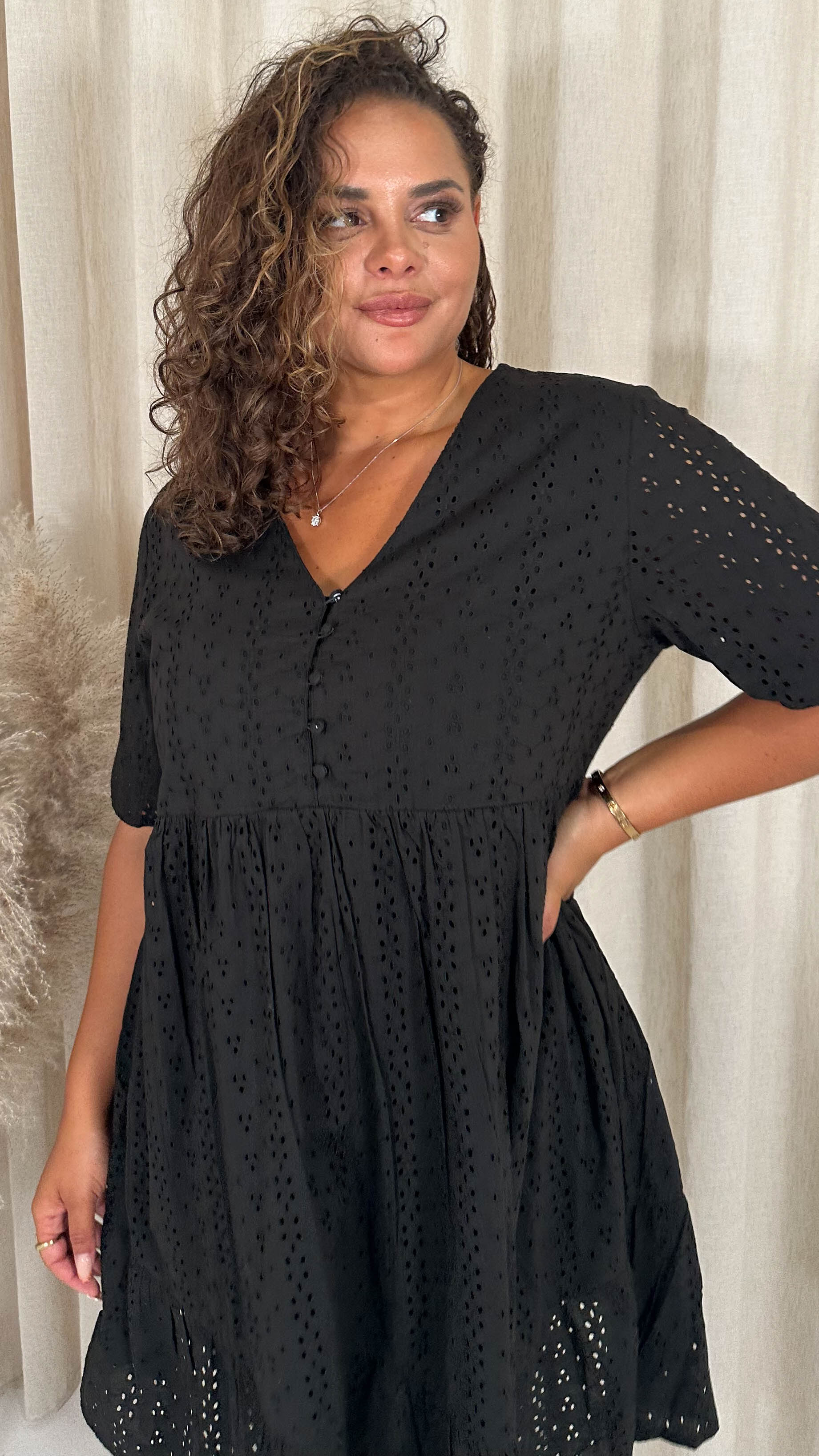CurveWow Broderie Tea Dress Black - Image 6