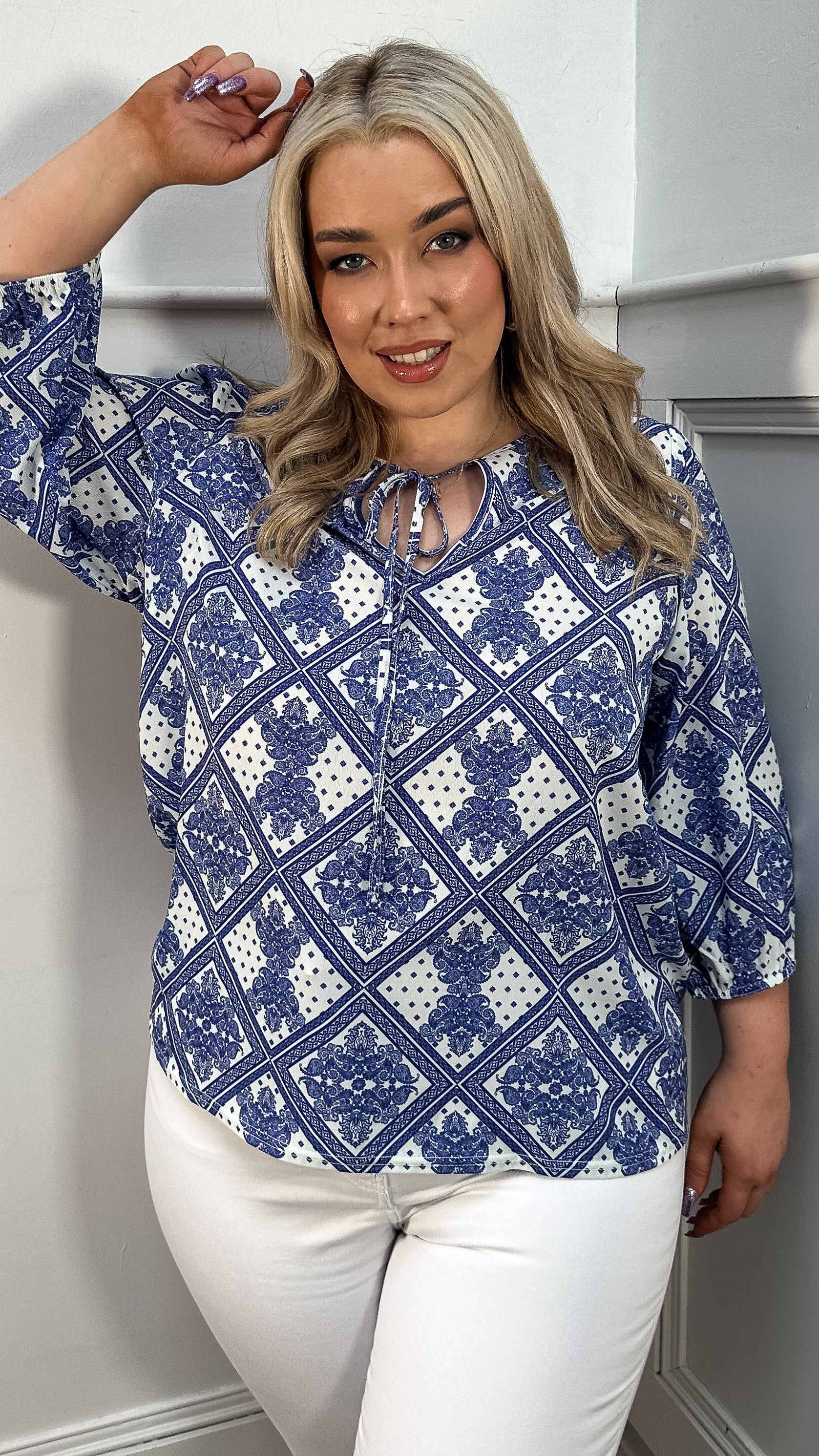 CurveWow Keyhole Tie Front Top Blue Paisley - Image 2