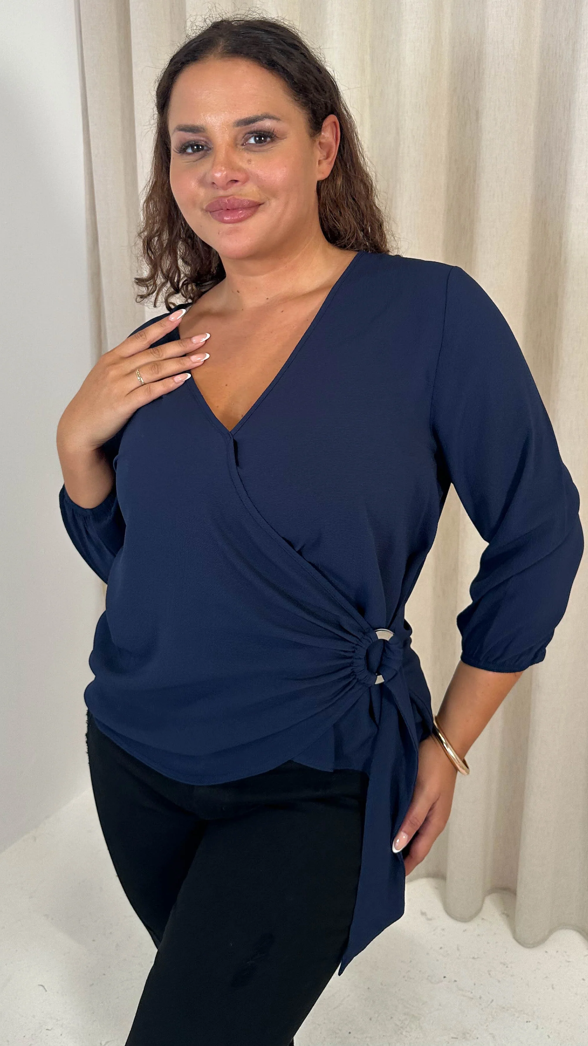 CurveWow Bubble Crepe O Ring Wrap Top Navy - Image 2