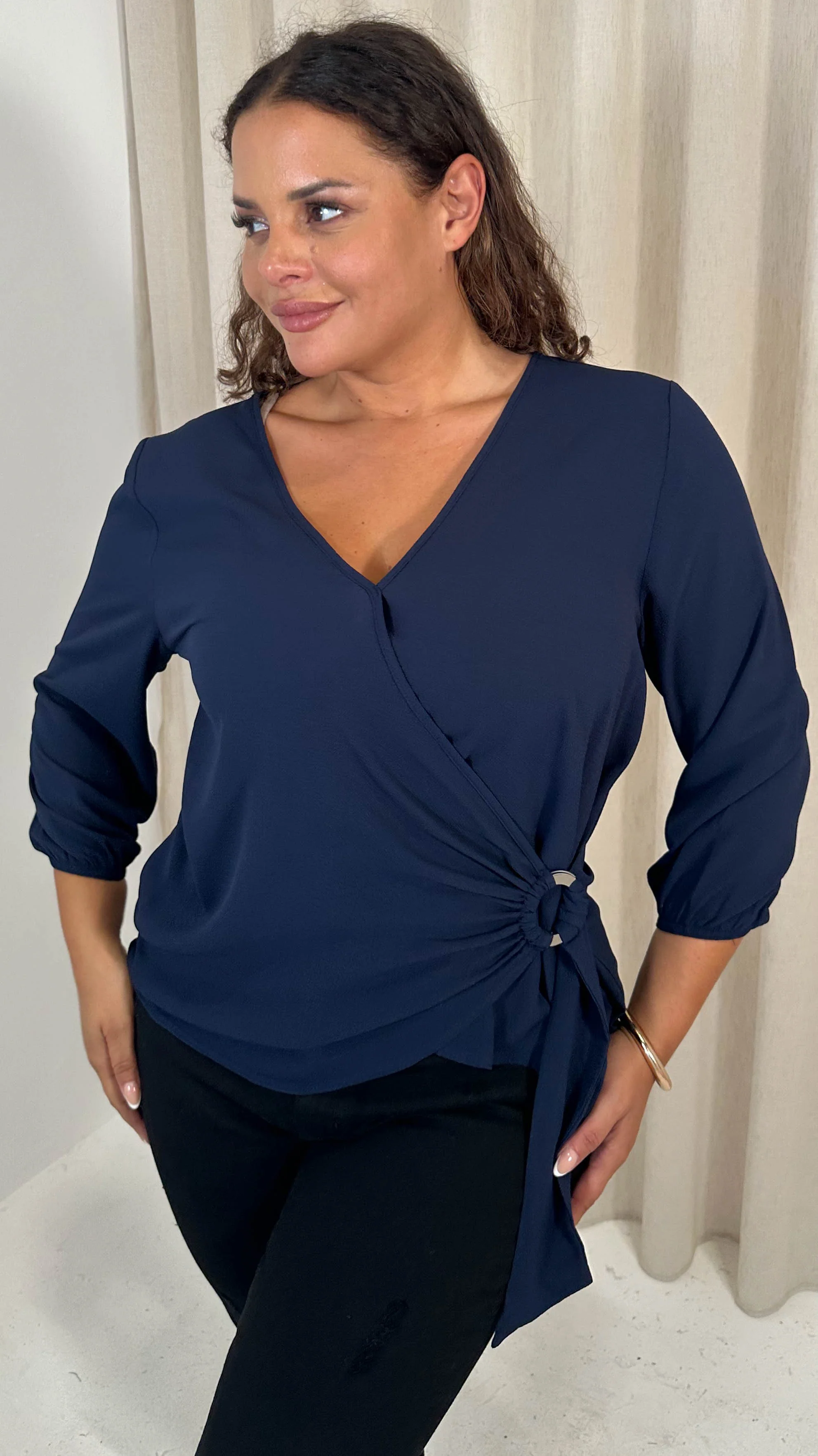 CurveWow Bubble Crepe O Ring Wrap Top Navy - Image 3