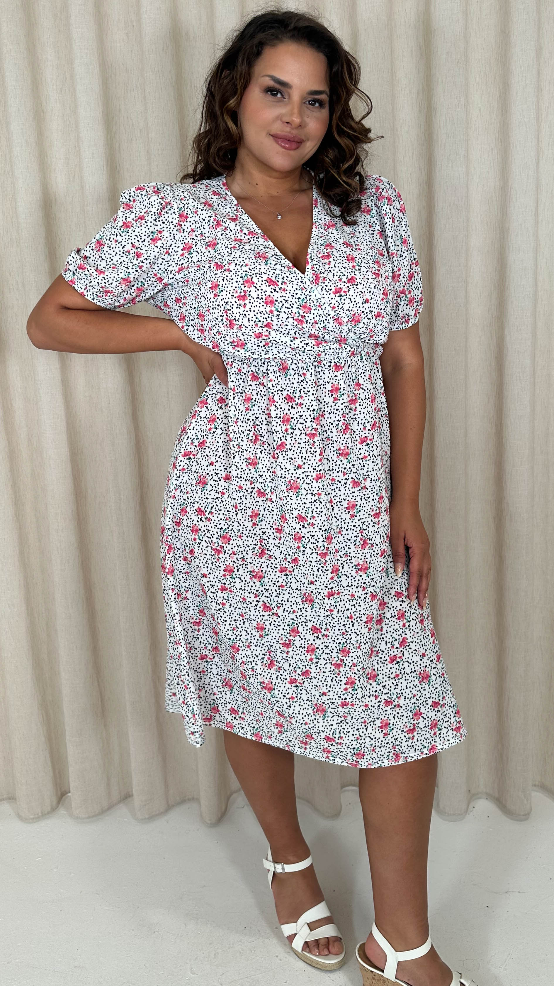 CurveWow Puff Sleeve Wrap Midi Dress Pink Floral Spot - Image 5