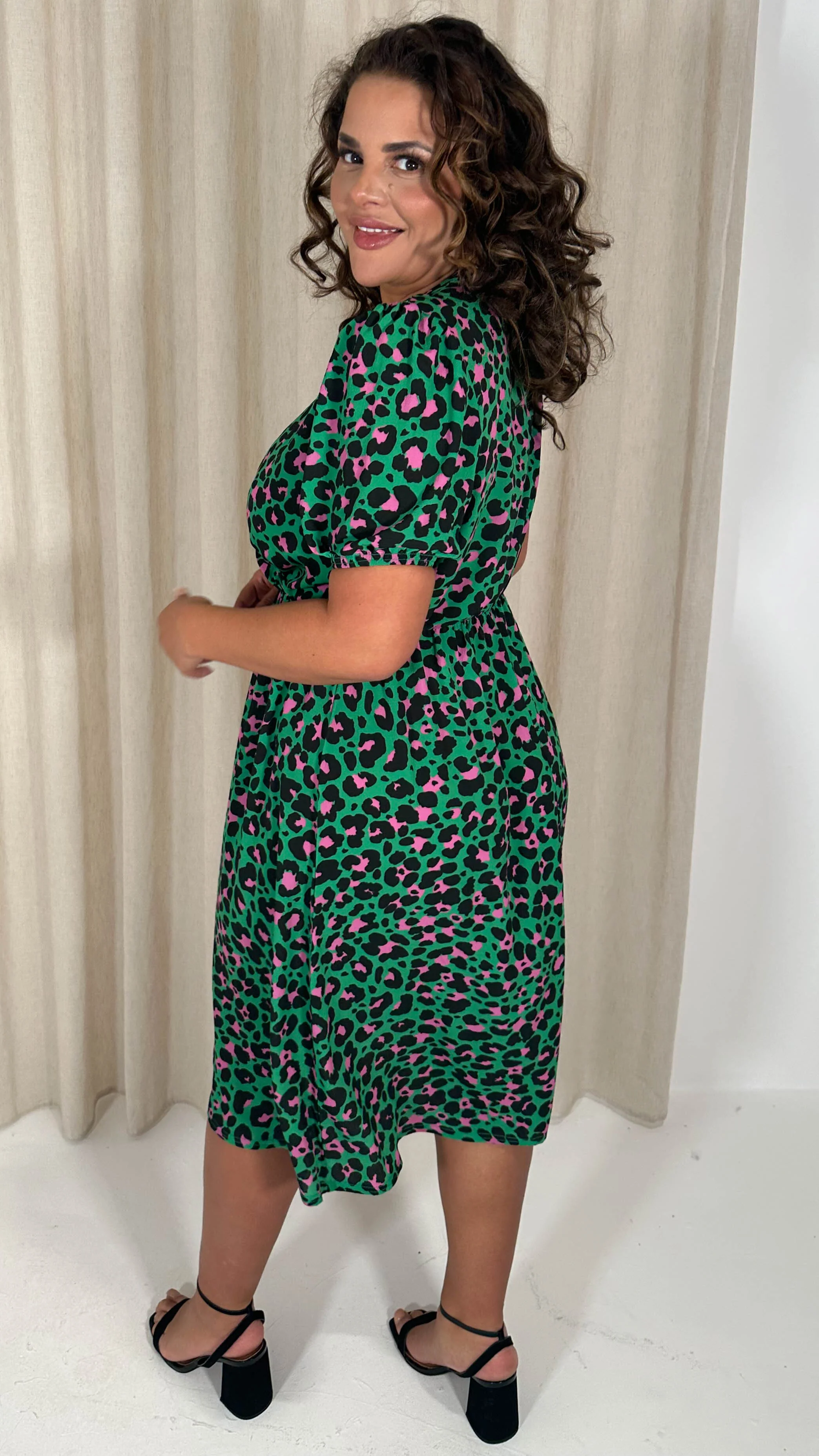 CurveWow Puff Sleeve Wrap Midi Dress Green Animal - Image 6