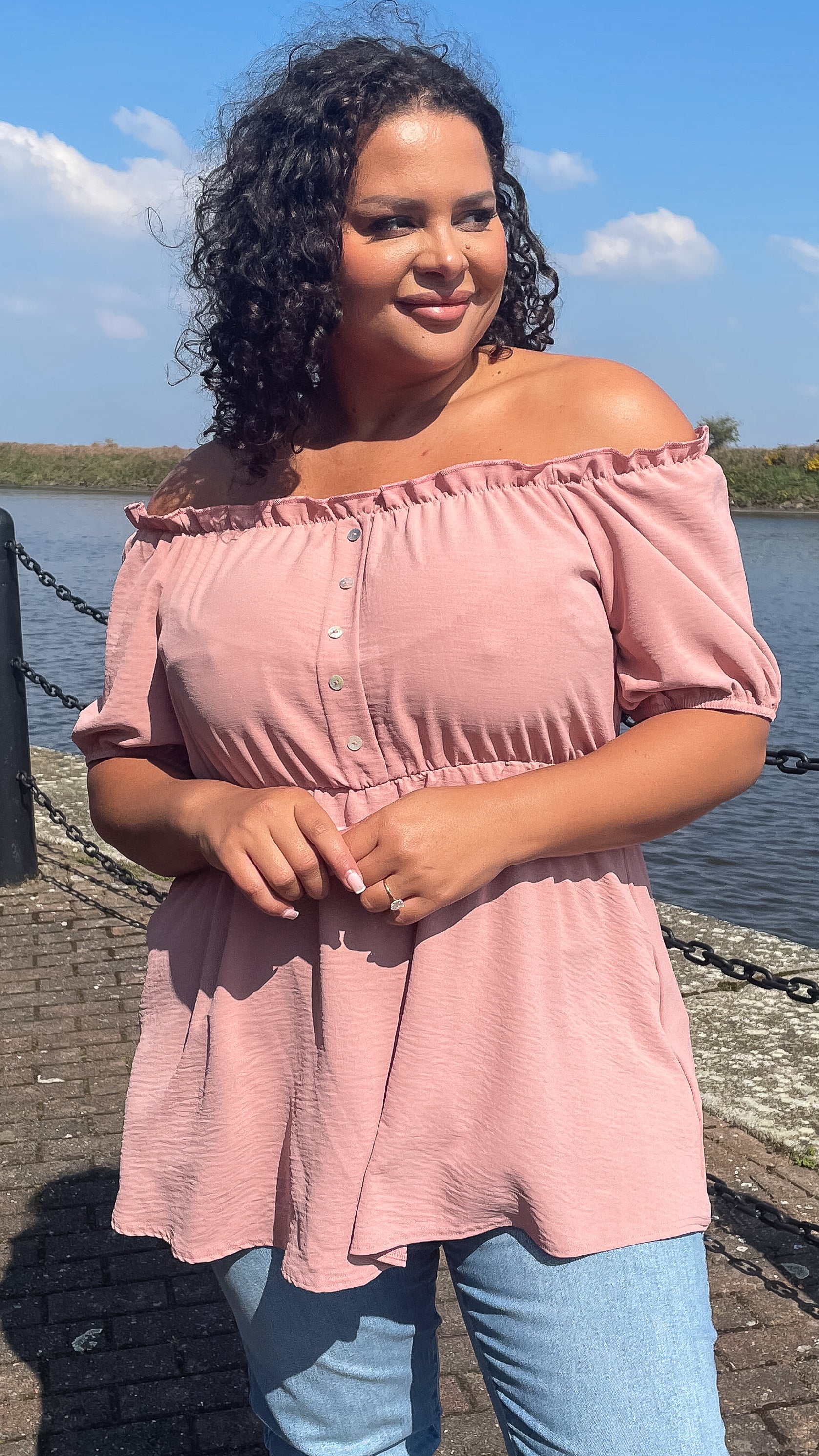CurveWow Button Bardot Top Dusty Pink - Image 2