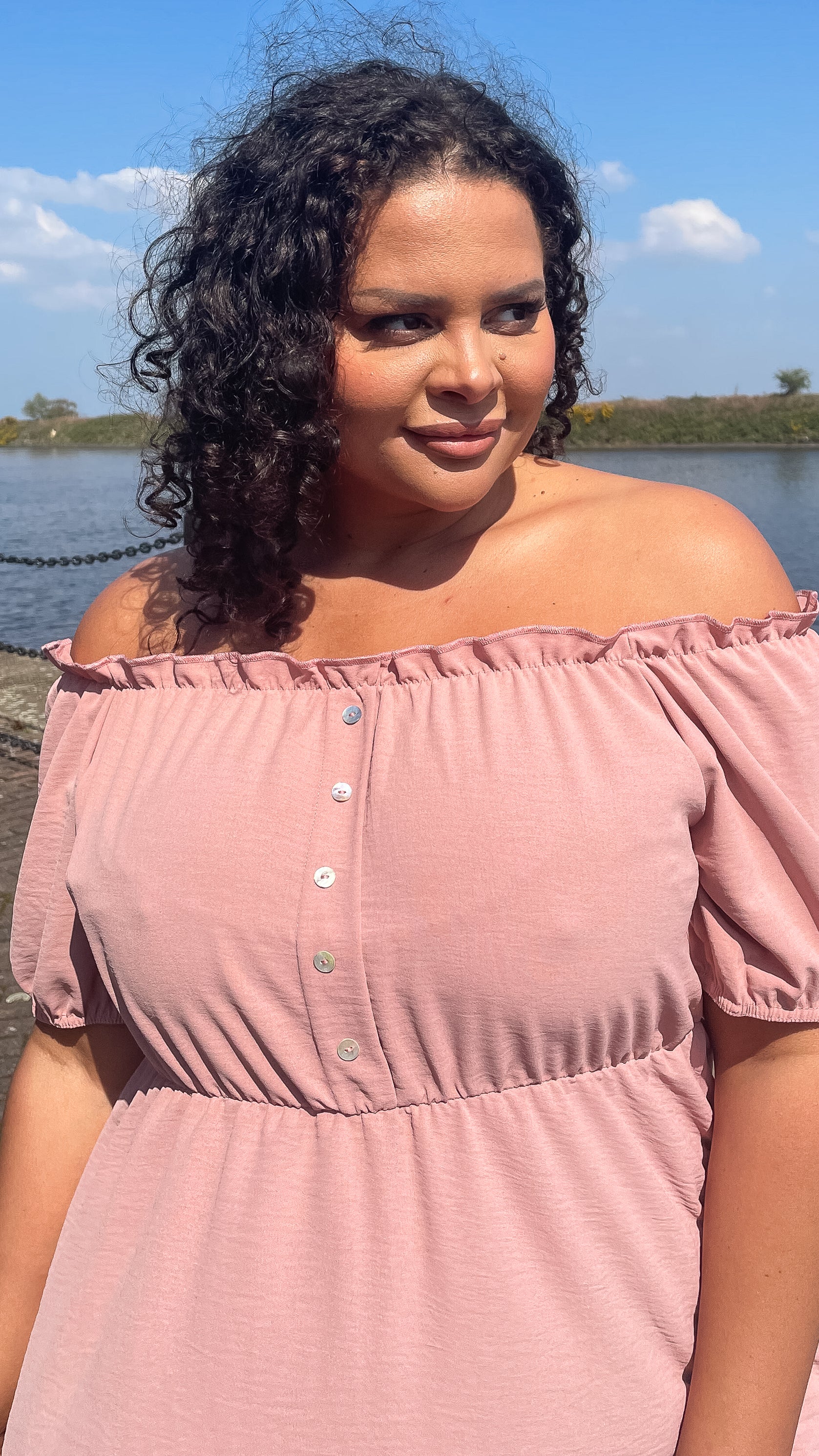 CurveWow Button Bardot Top Dusty Pink - Image 3