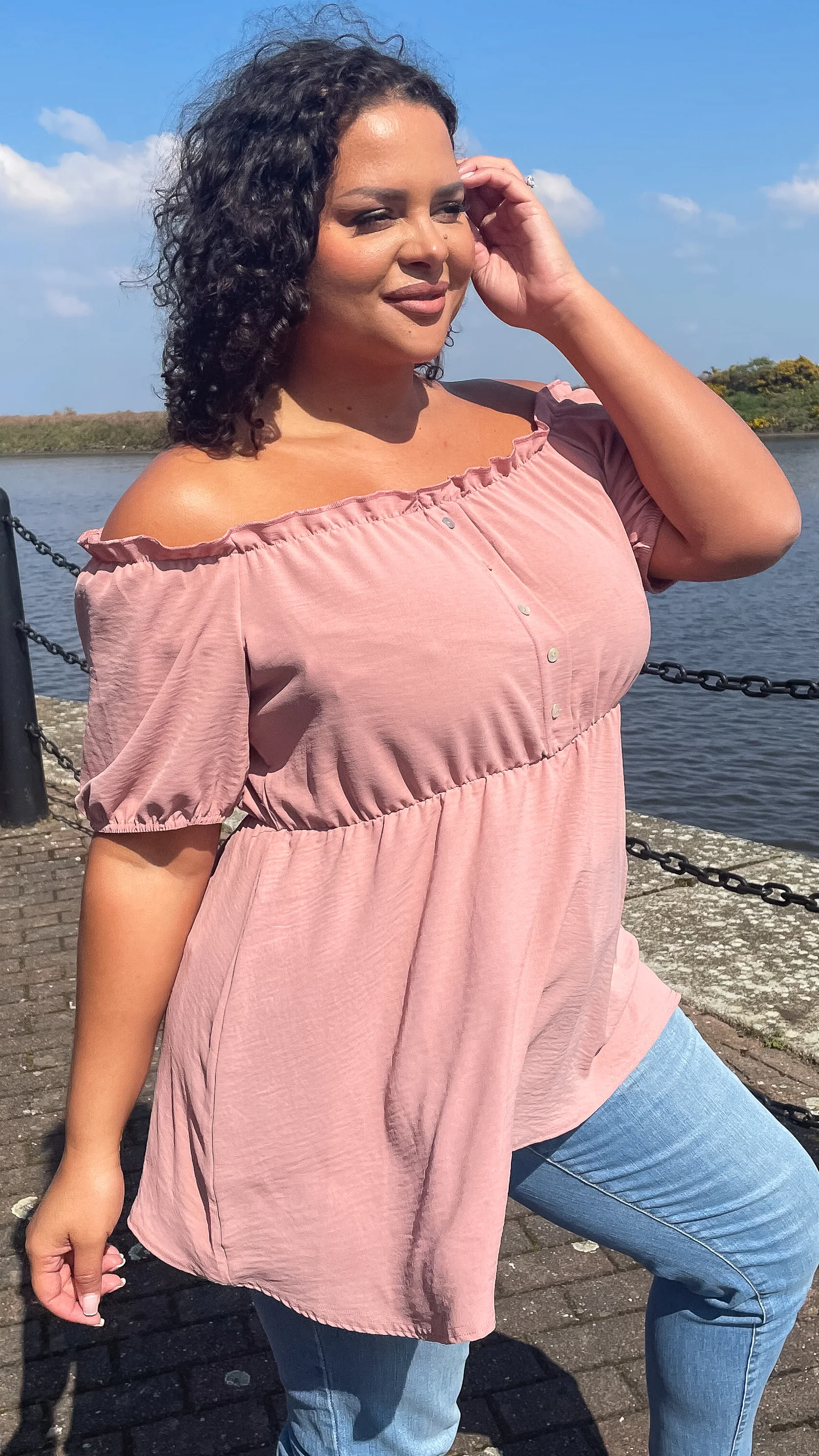 CurveWow Button Bardot Top Dusty Pink - Image 7