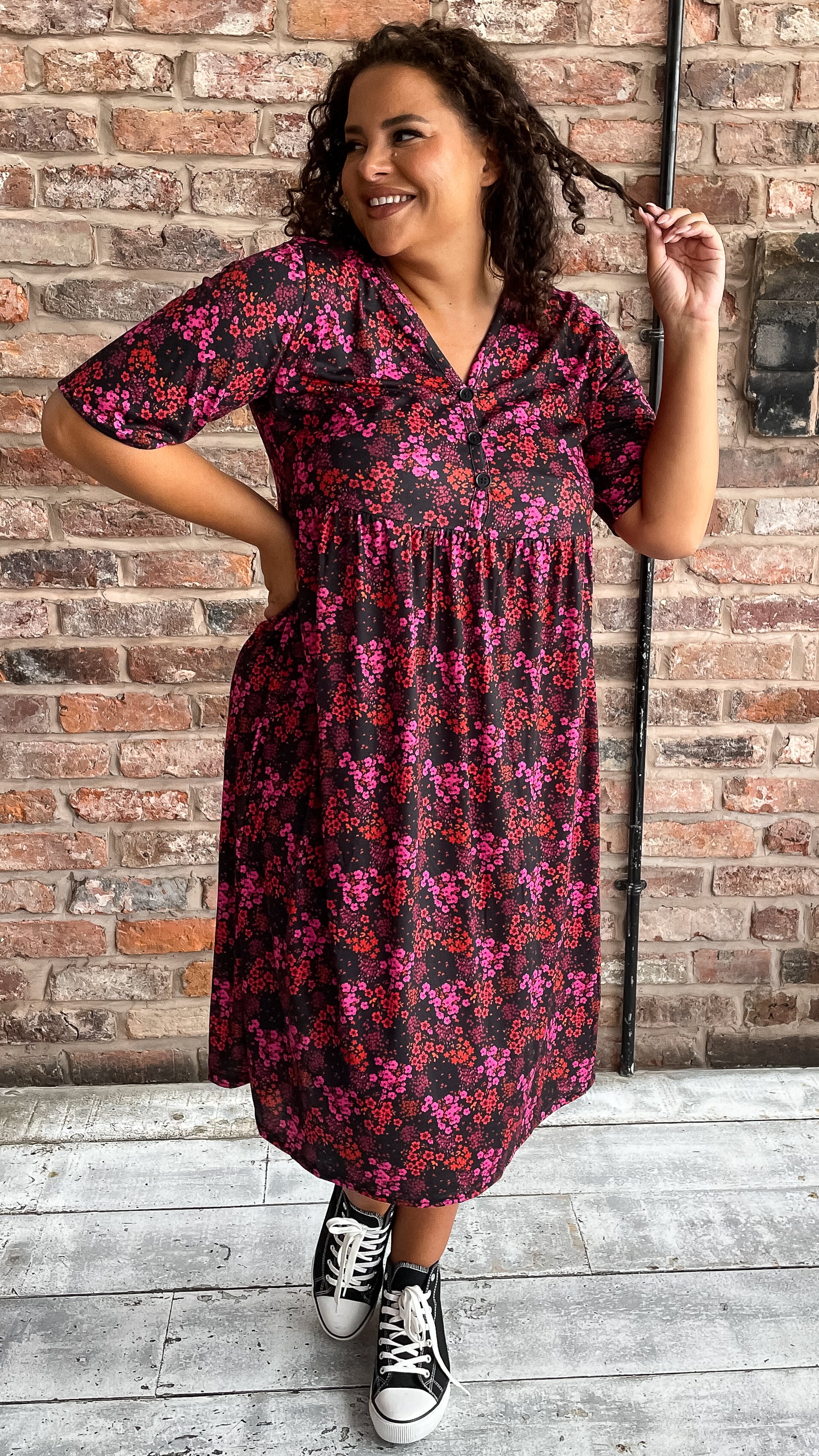 CurveWow Button Detail Midi Dress Black Pink Floral