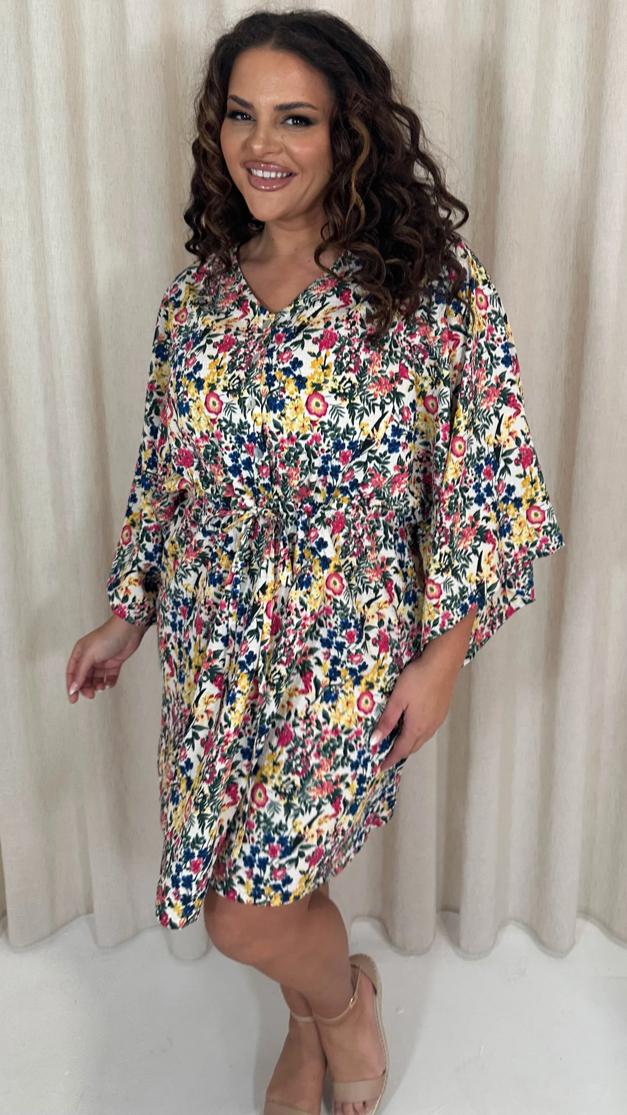 CurveWow Button Front Kimono Sleeve Dress Blue Multi Floral - Image 3
