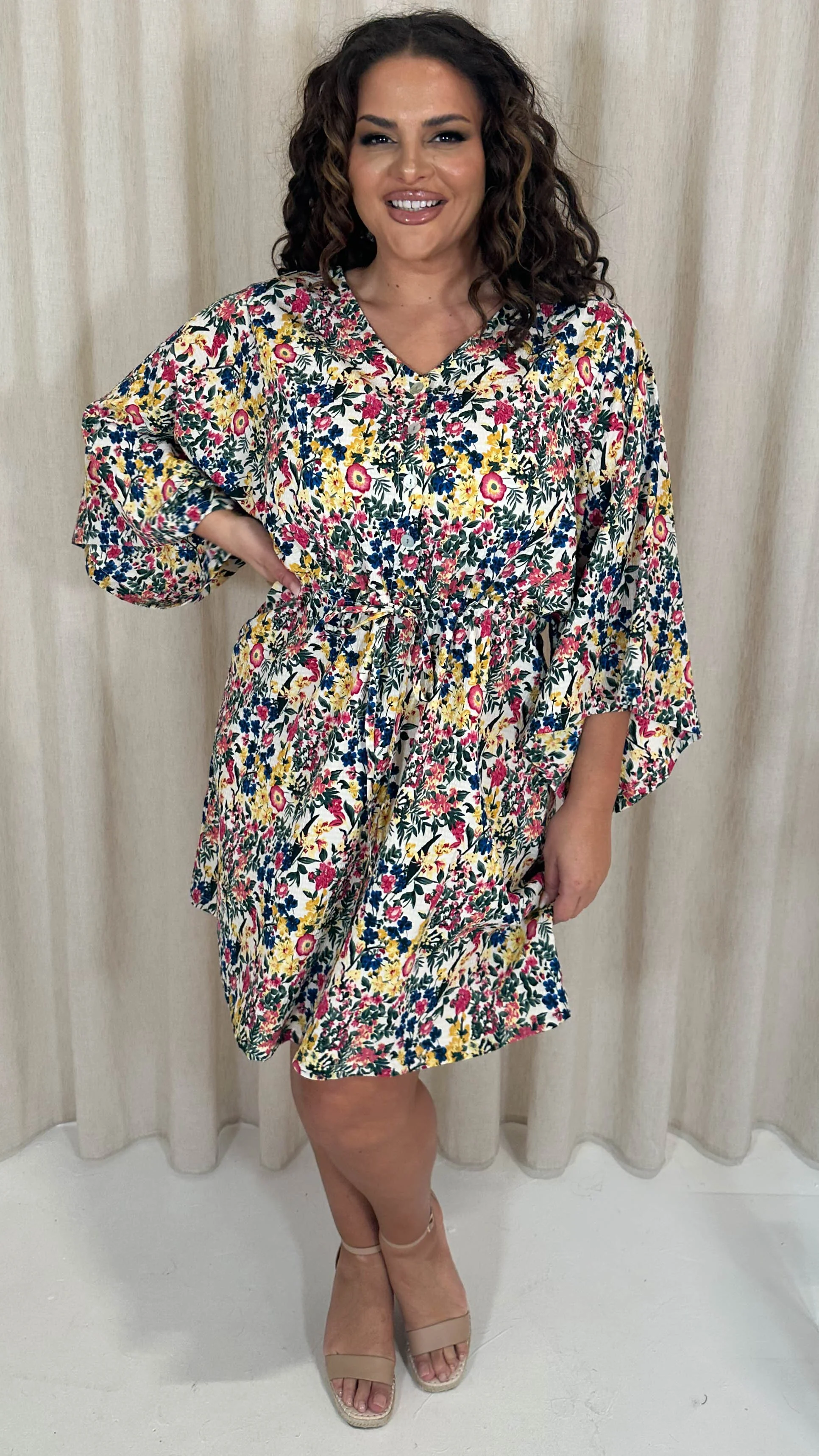CurveWow Button Front Kimono Sleeve Dress Blue Multi Floral - Image 4