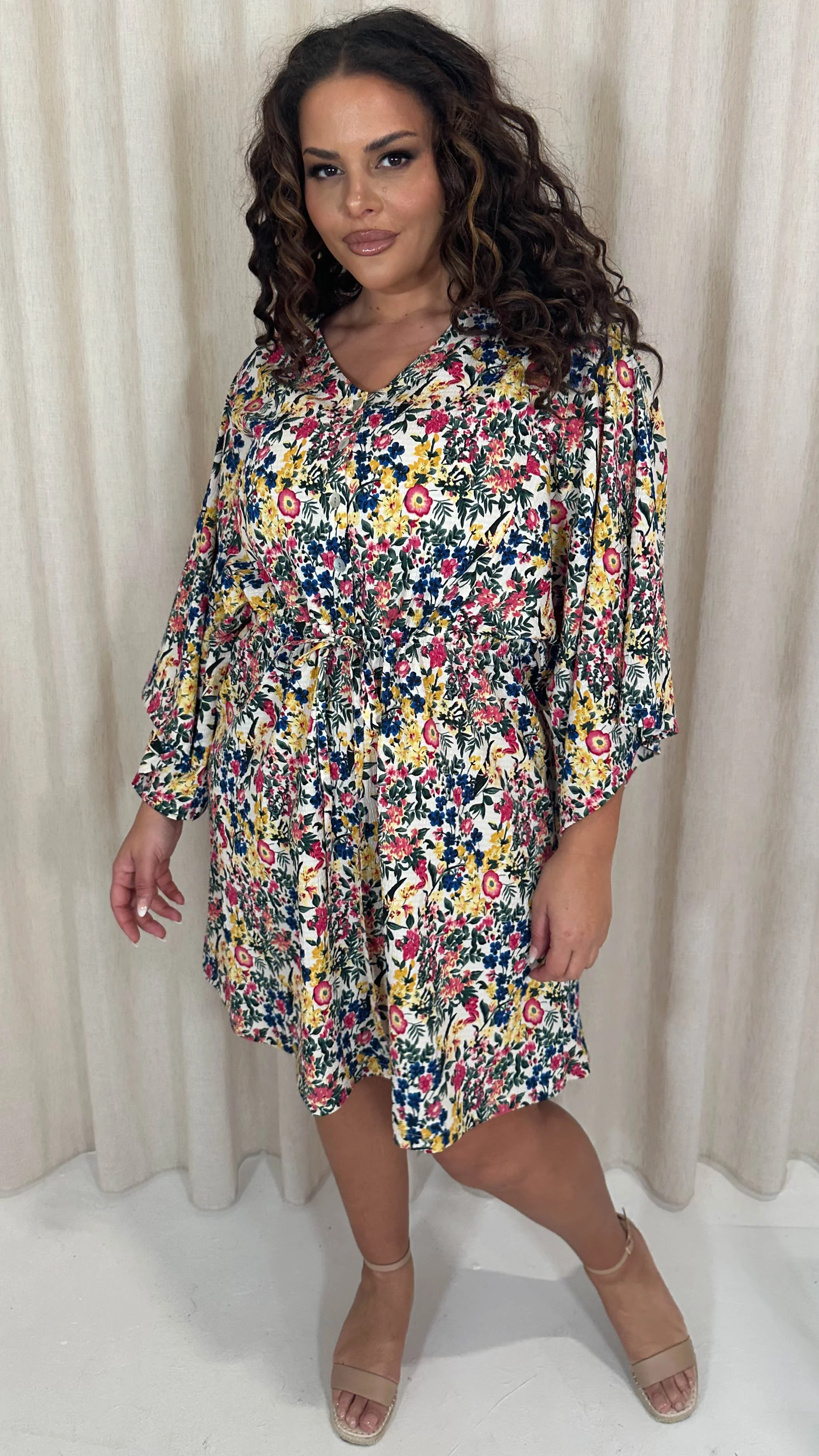 CurveWow Button Front Kimono Sleeve Dress Blue Multi Floral - Image 5