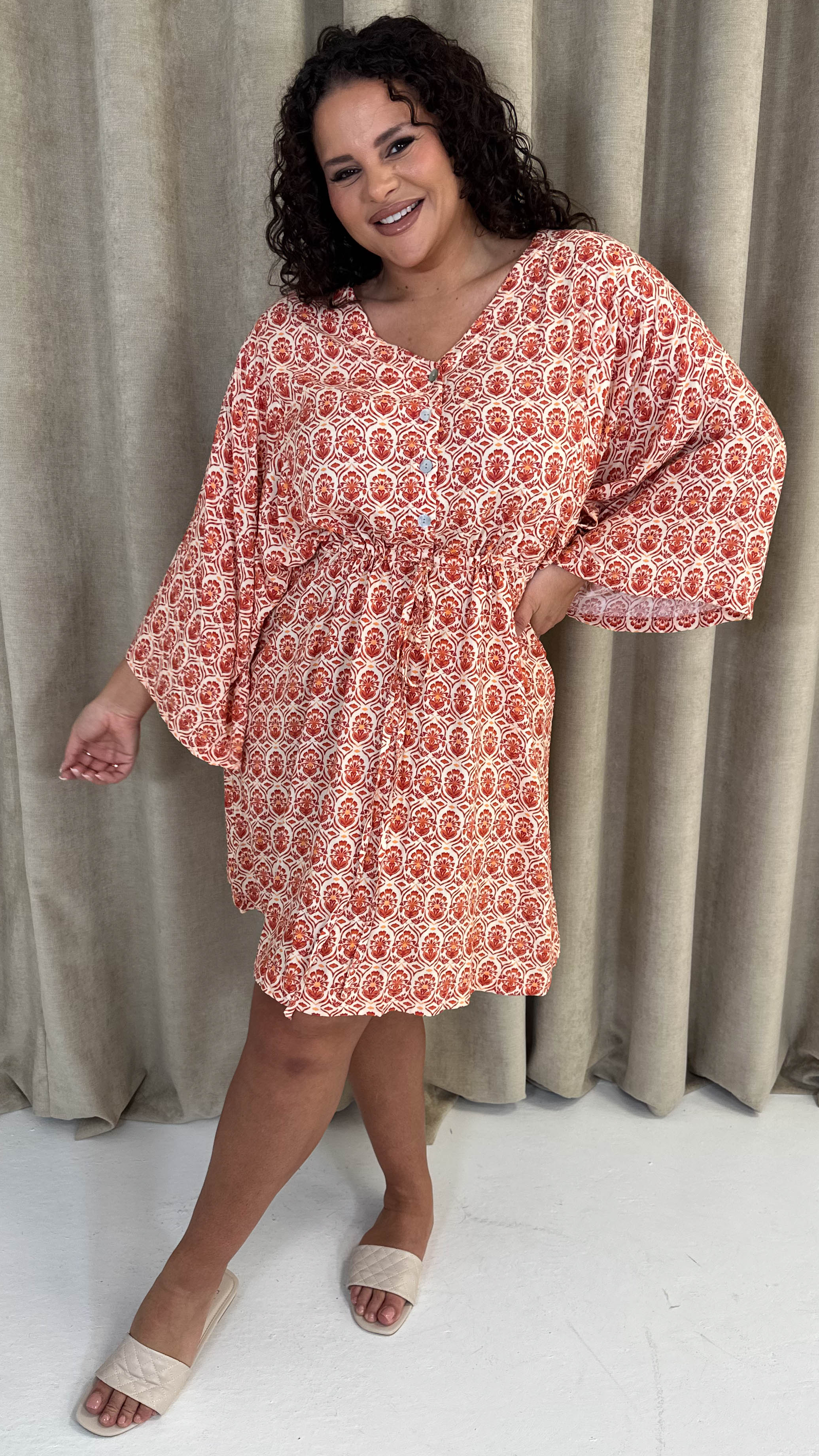 CurveWow Button Front Kimono Sleeve Dress Multi Floral