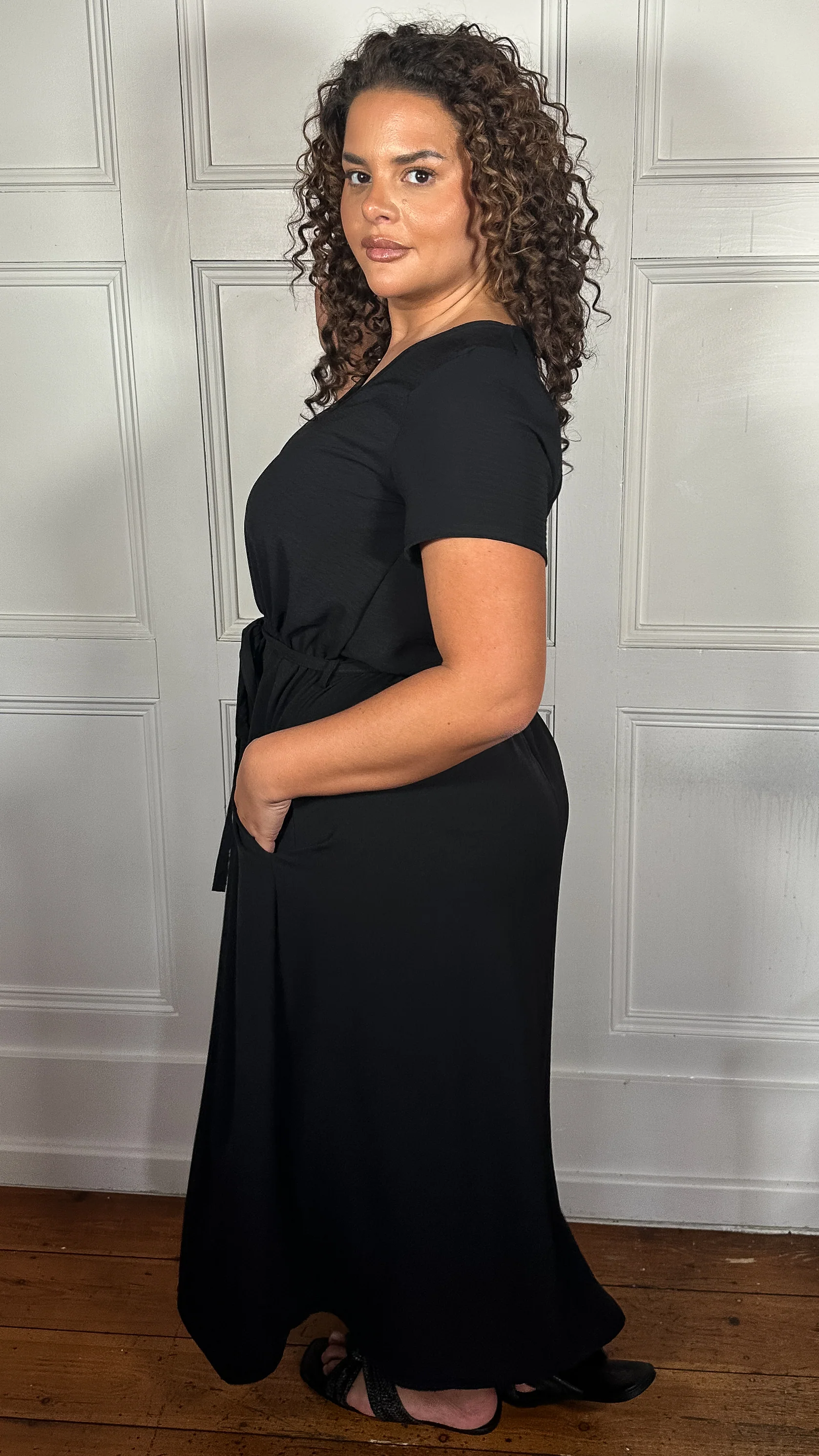 CurveWow Button Front Ocean Crepe Maxi Dress Black - Image 8