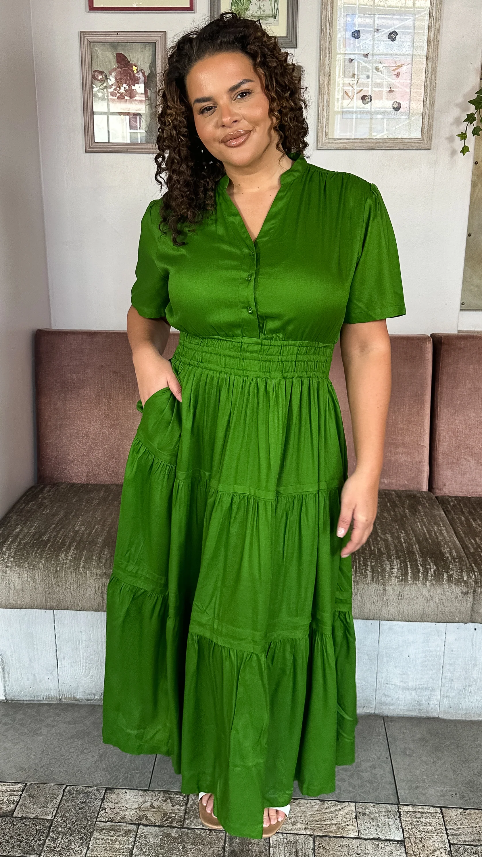 CurveWow Button Front Tiered Maxi Dress Green