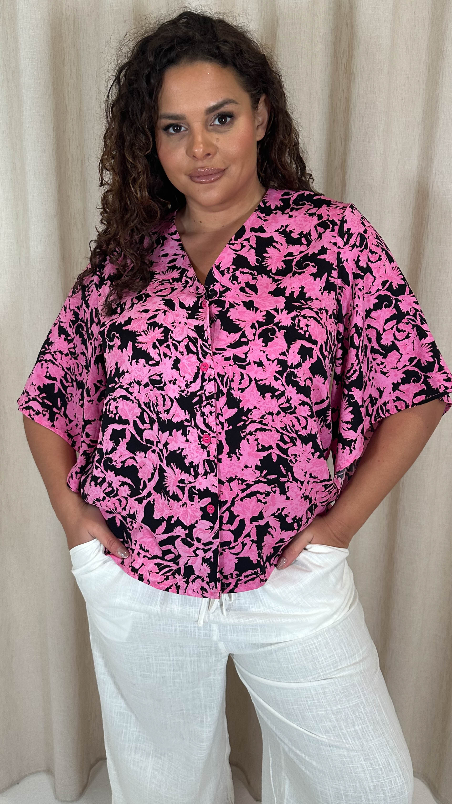 CurveWow Button Front Top Black/Pink Floral - Image 2