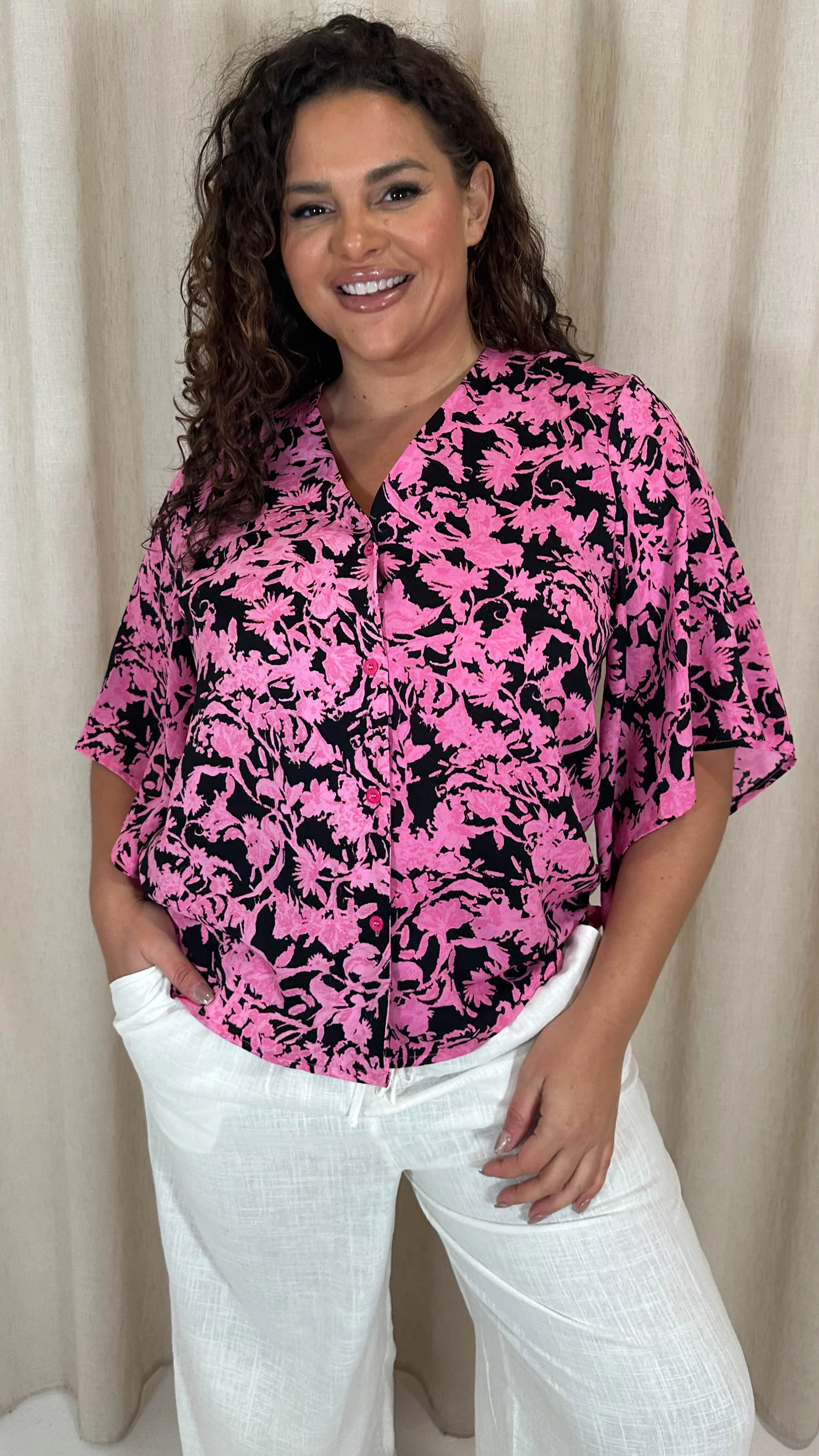 CurveWow Button Front Top Black/Pink Floral - Image 4