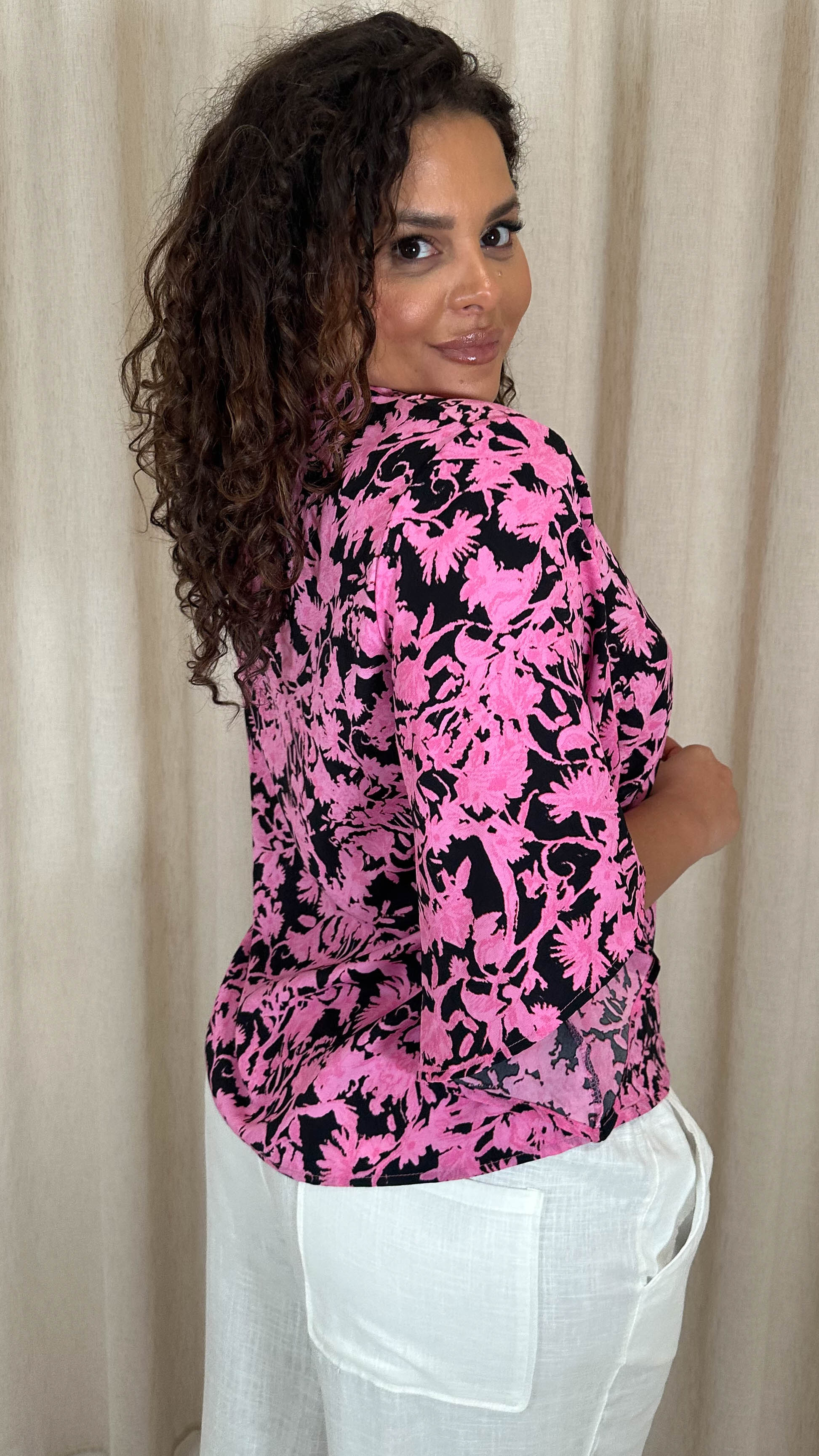 CurveWow Button Front Top Black/Pink Floral - Image 9