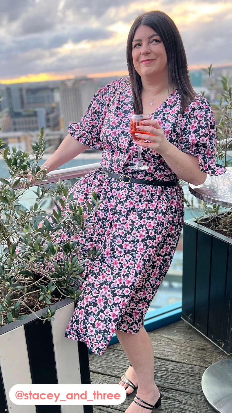 CurveWow Button Through Dress Black Pink Ditsy Floral - Image 3