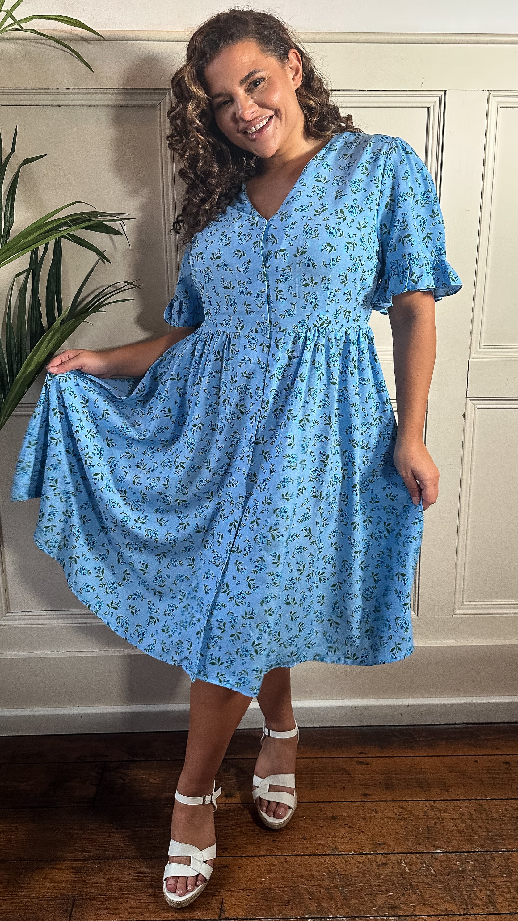 CurveWow Button Through Dress Light Blue Floral