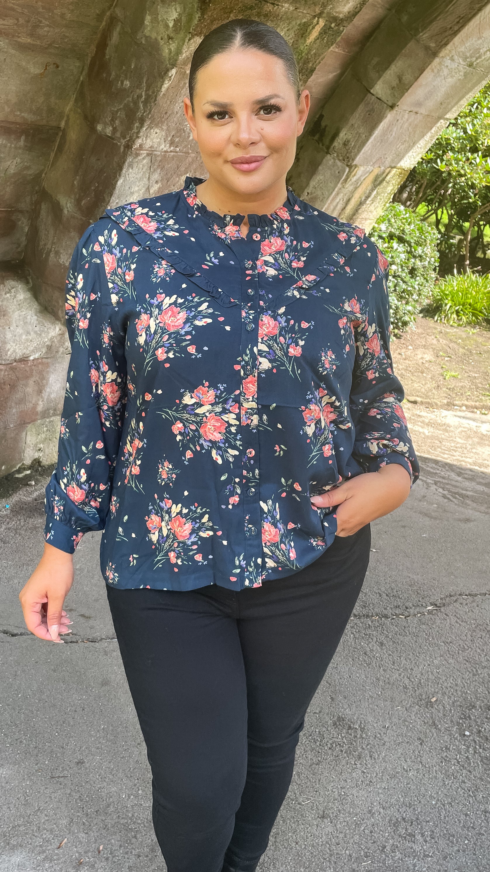CurveWow Frill Detail Blouse Floral Navy