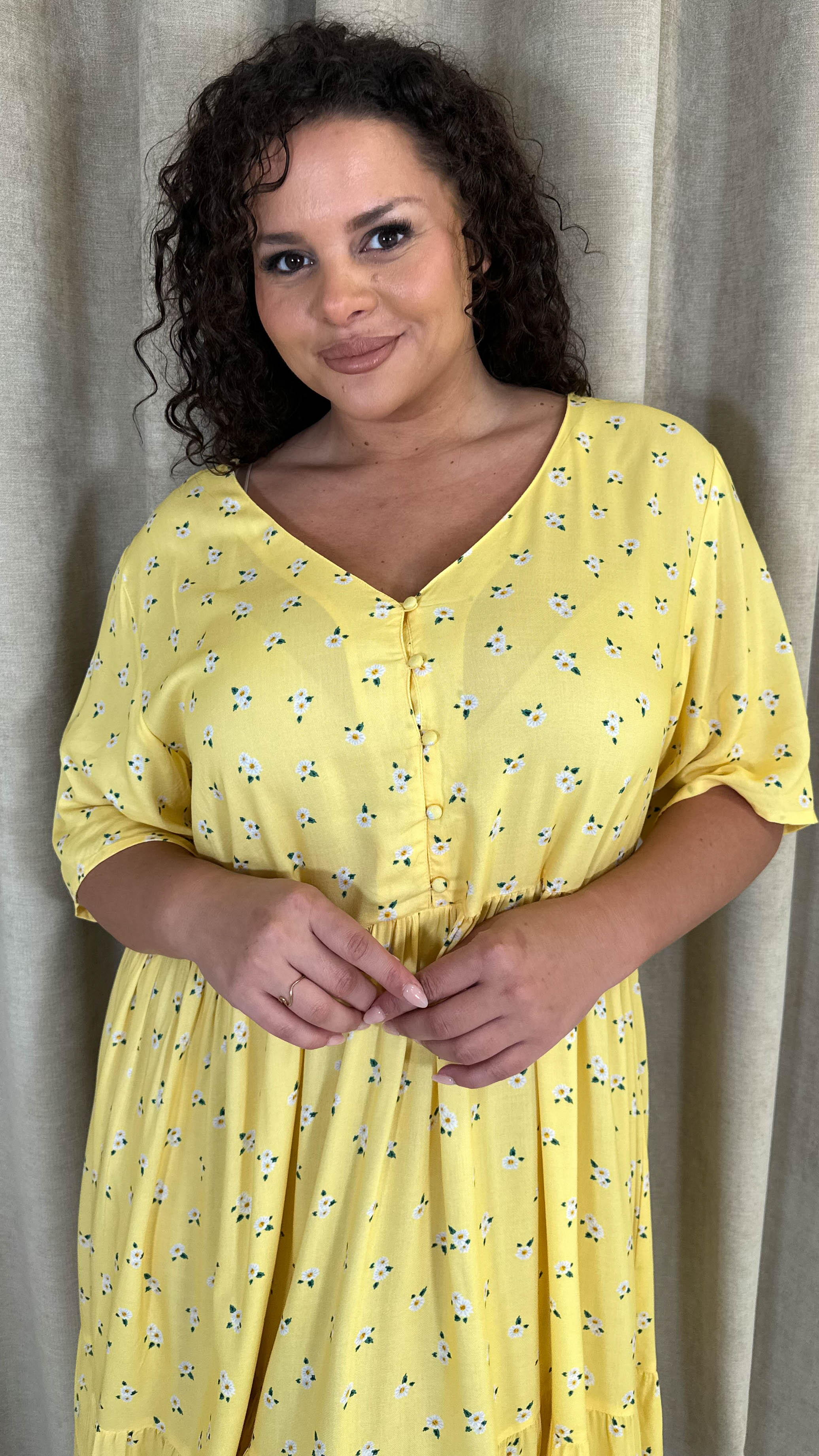 CurveWow Button Front Tea Dress Yellow Floral - Image 2