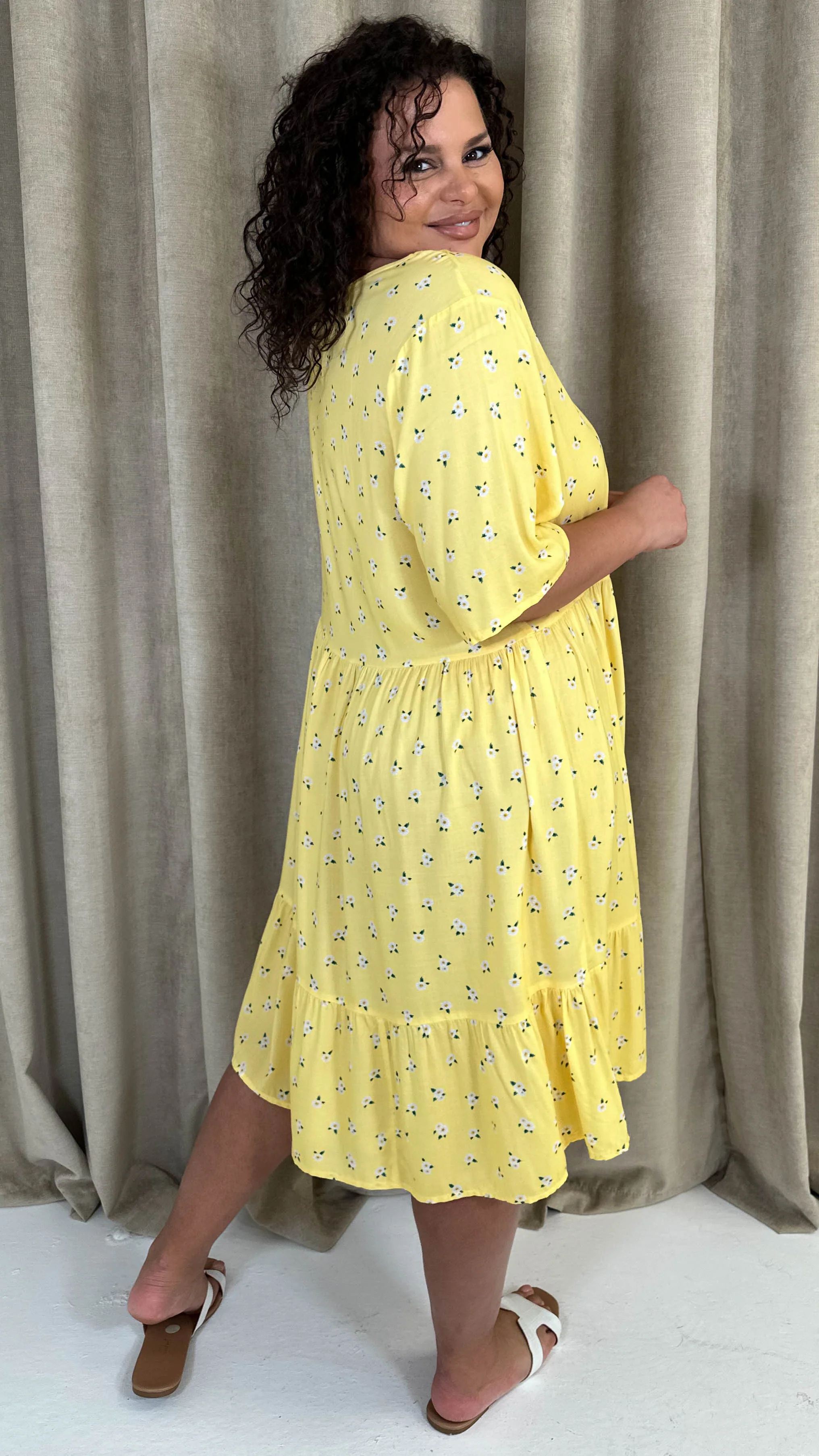 CurveWow Button Front Tea Dress Yellow Floral - Image 5
