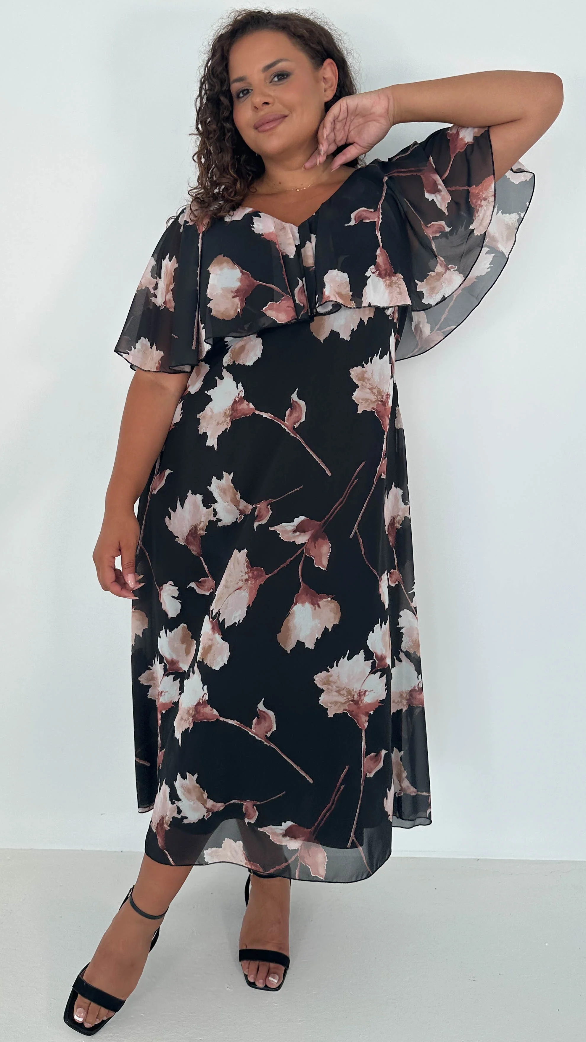 CurveWow Cape Frill Midaxi Dress Black Floral - Image 3