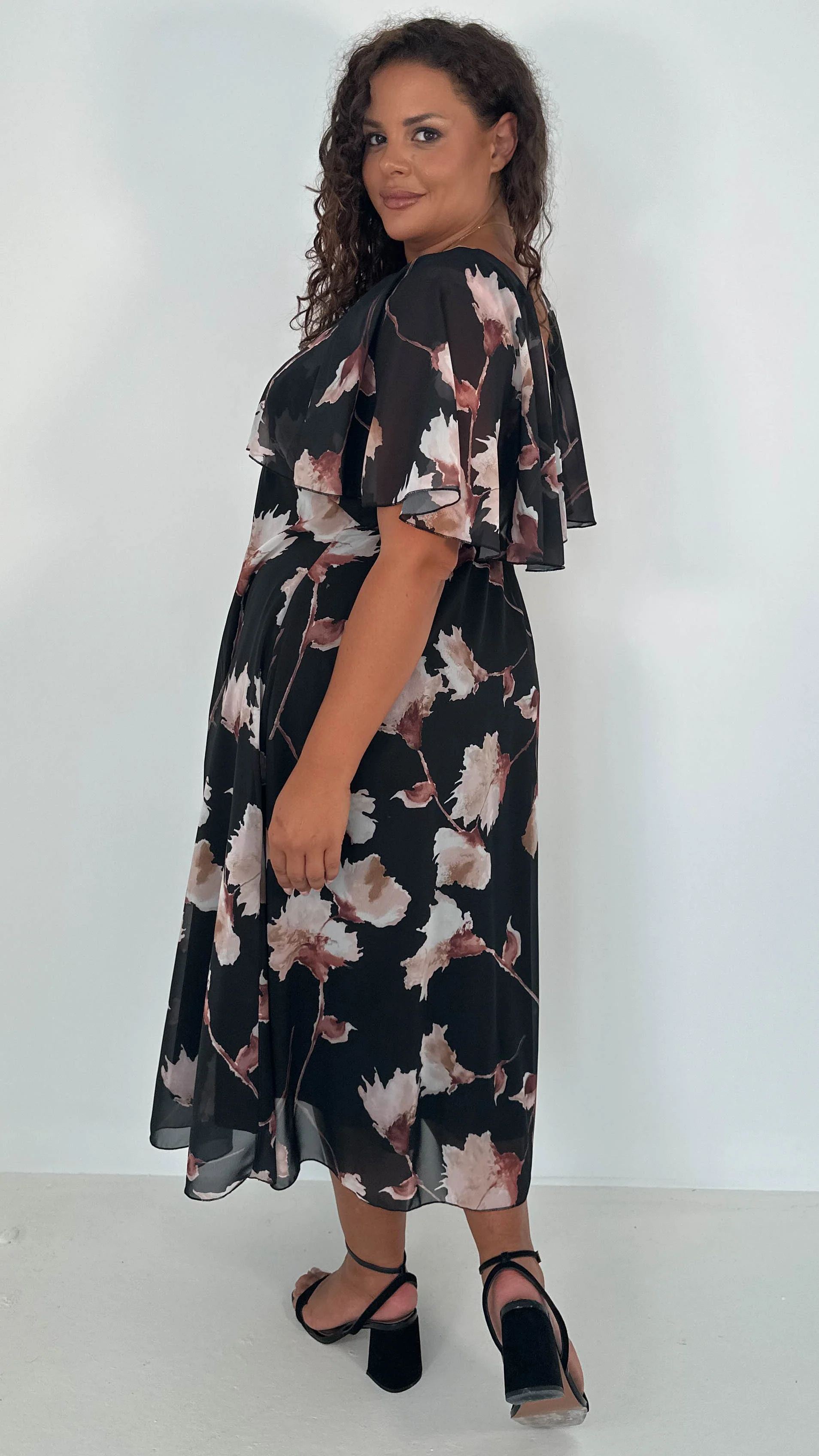 CurveWow Cape Frill Midaxi Dress Black Floral - Image 6