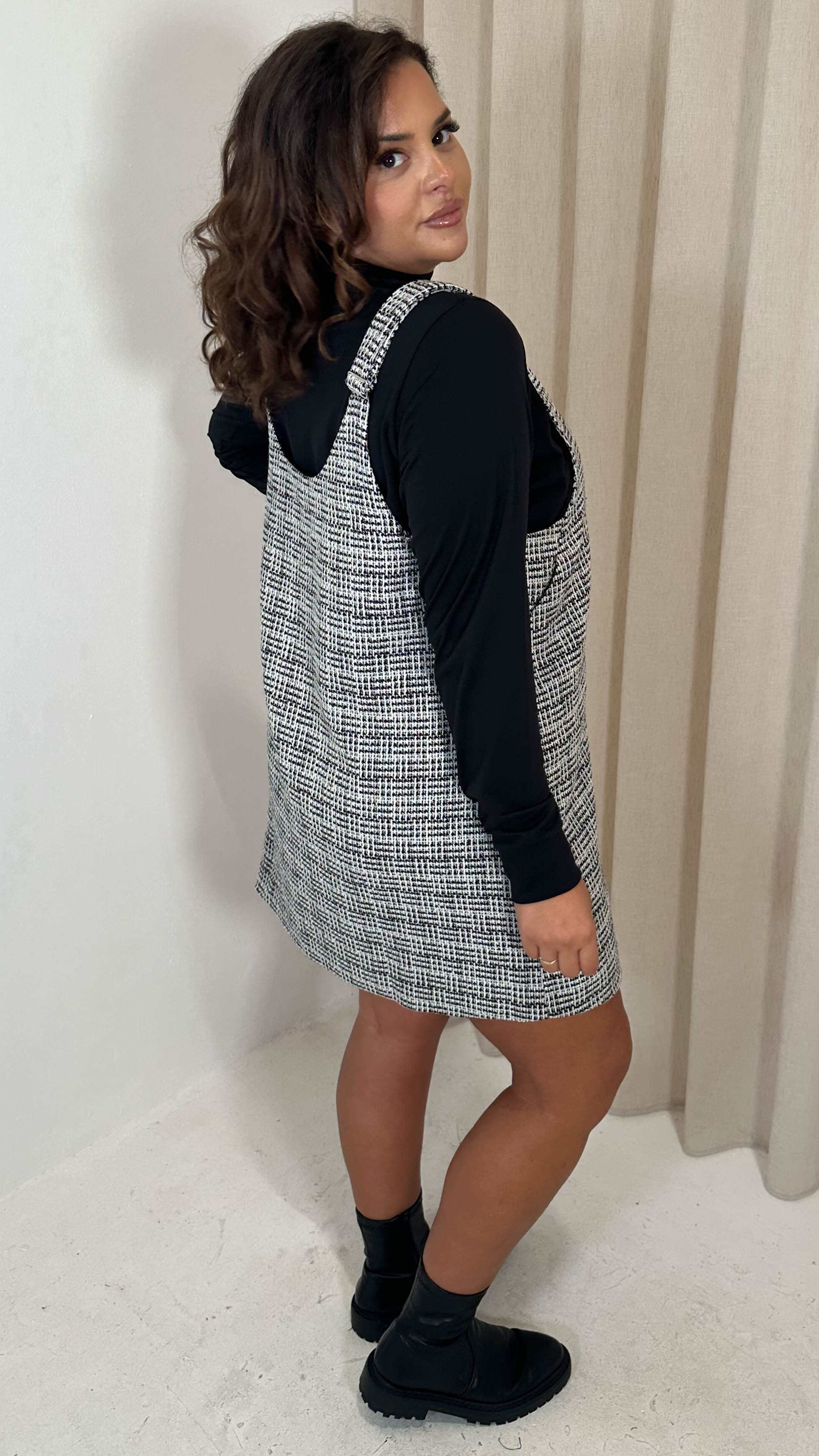 CurveWow Check Pinafore Dress Black & White - Image 8