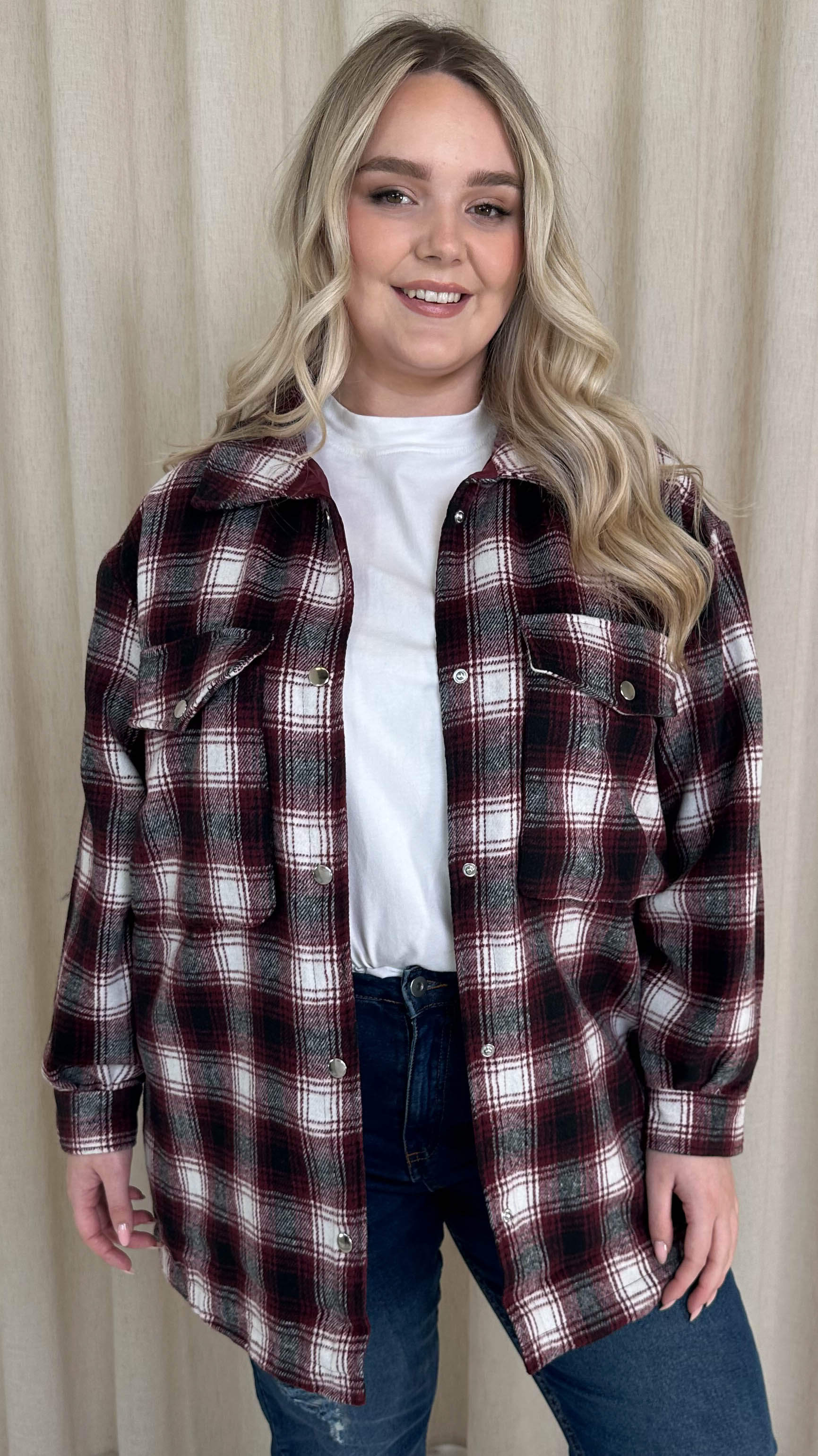 CurveWow Check Shacket Wine Check