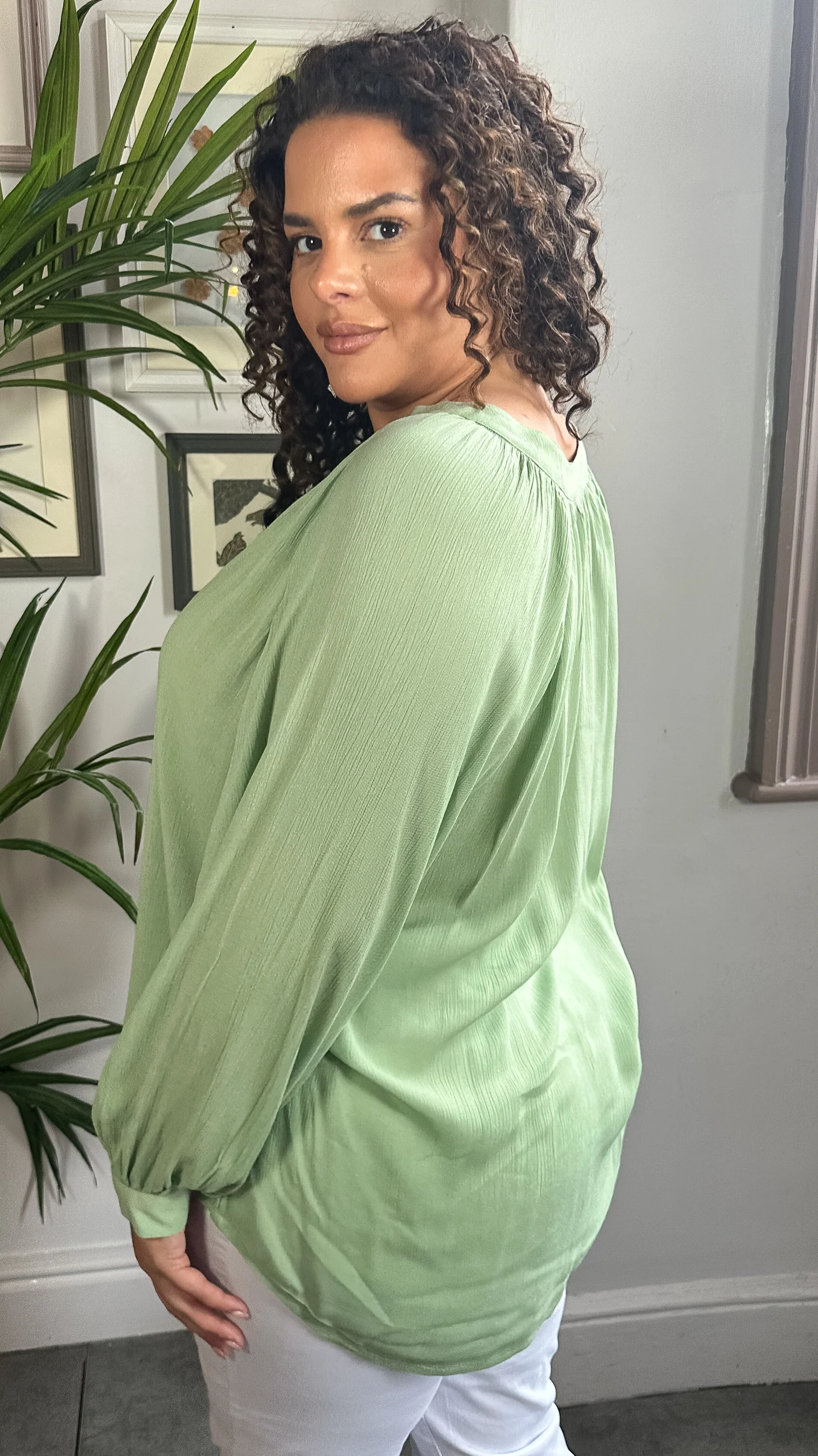 CurveWow Cheese Cloth Vneck Top Green - Image 8