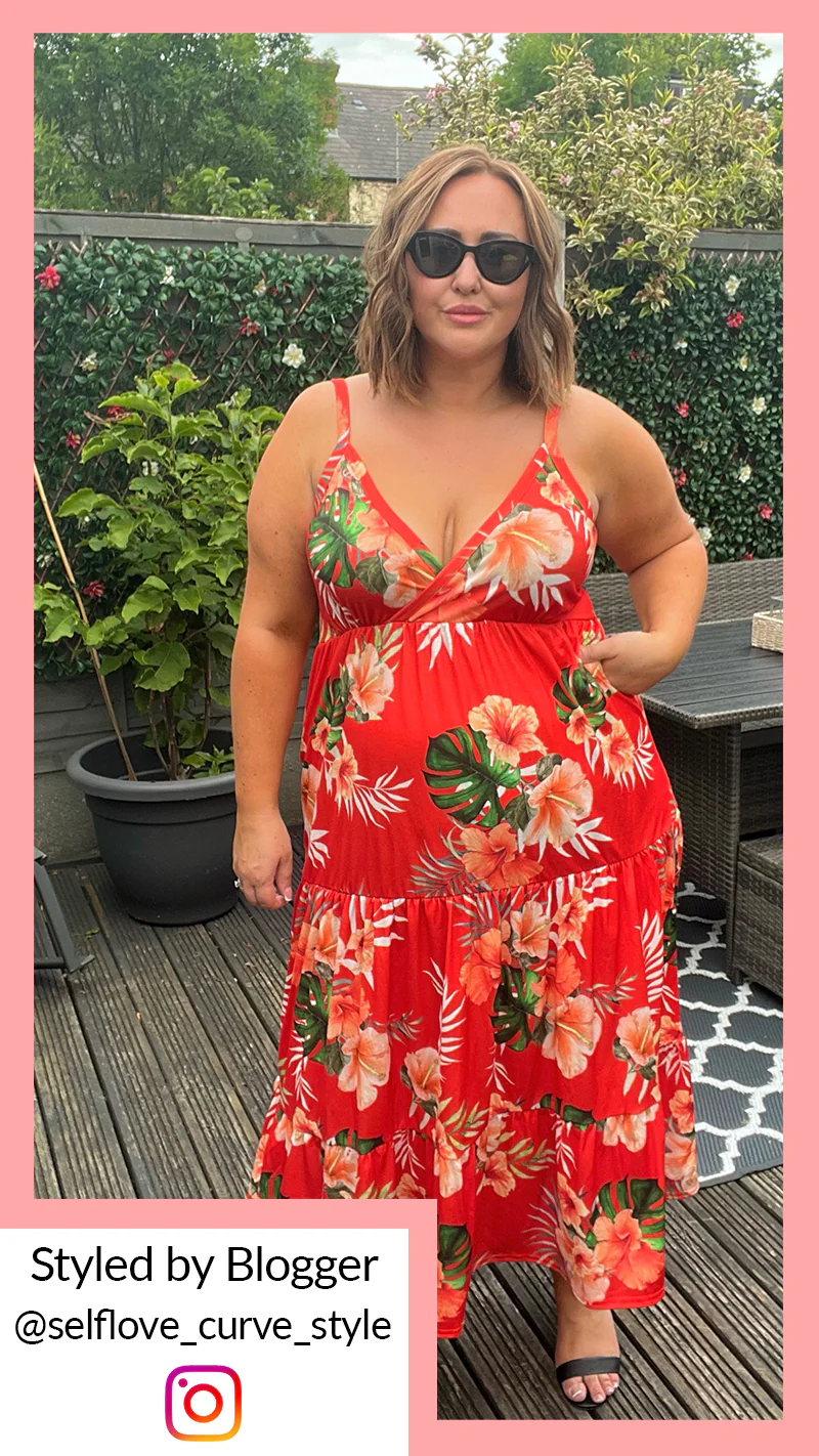 CurveWow Cherry Red Tropical Wrap Bust Maxi Dress - Image 2